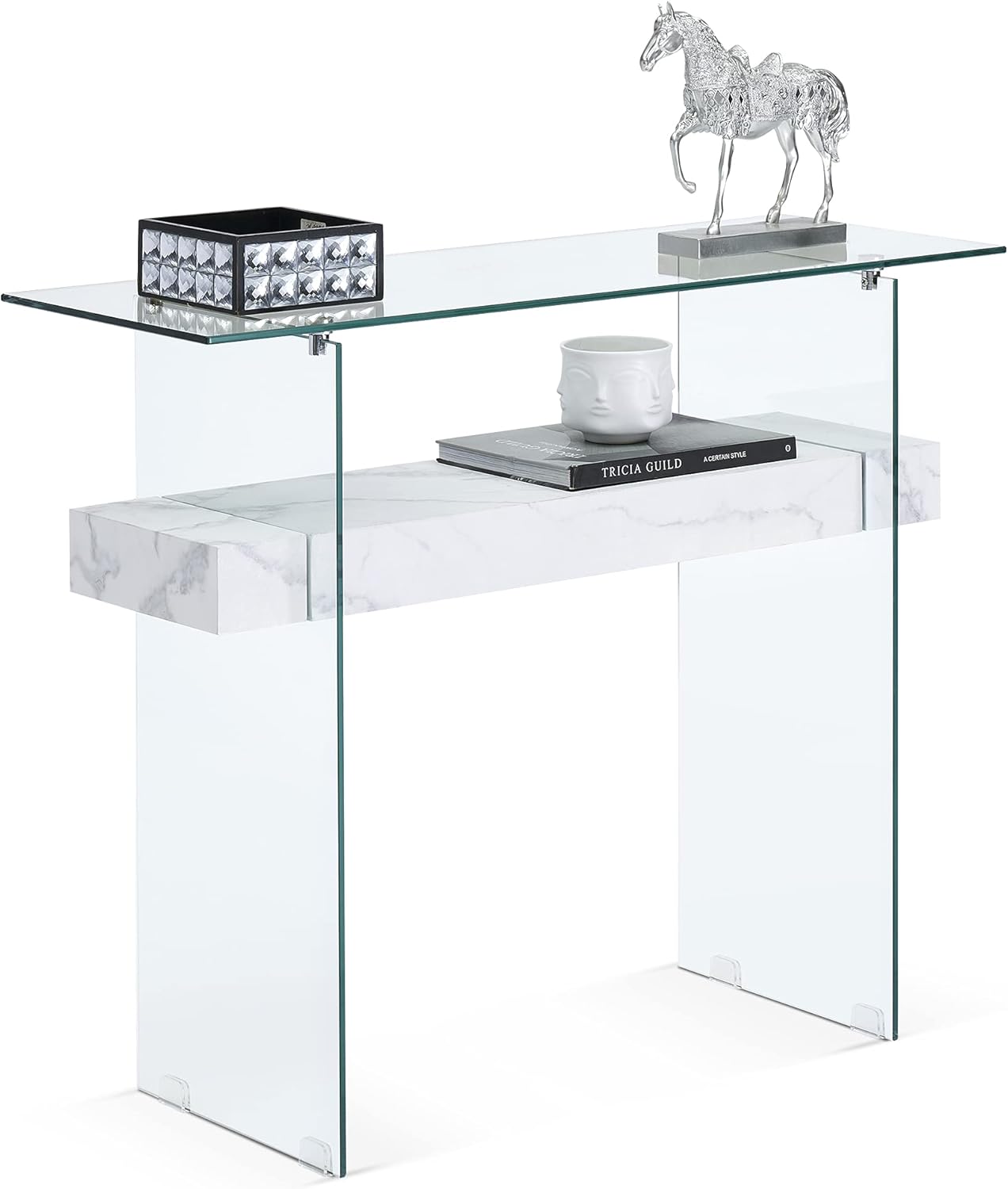 ivinta Glass Entry Table with Storage, 39.4" Modern Console Table for Living Room, Foyer, Hallway, Bedroom 5101 (White)