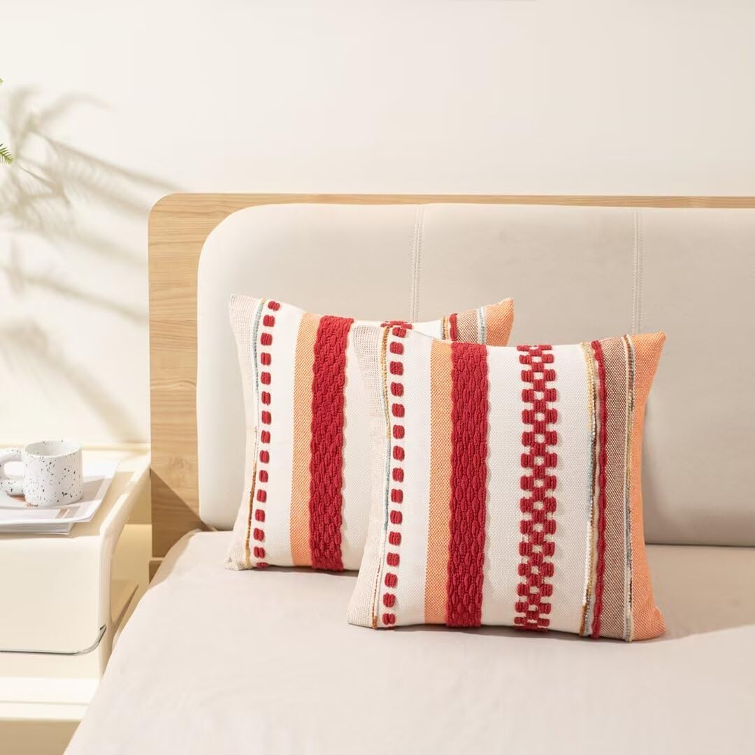 Boho Throw Pillow Covers 18x18 Set of 2 Christmas Decorative Cushion Case Striped Square Pillows Cover Chenille Pillow Cases Accent Neutral Pillowcase for Sofa Couch Bed,Red