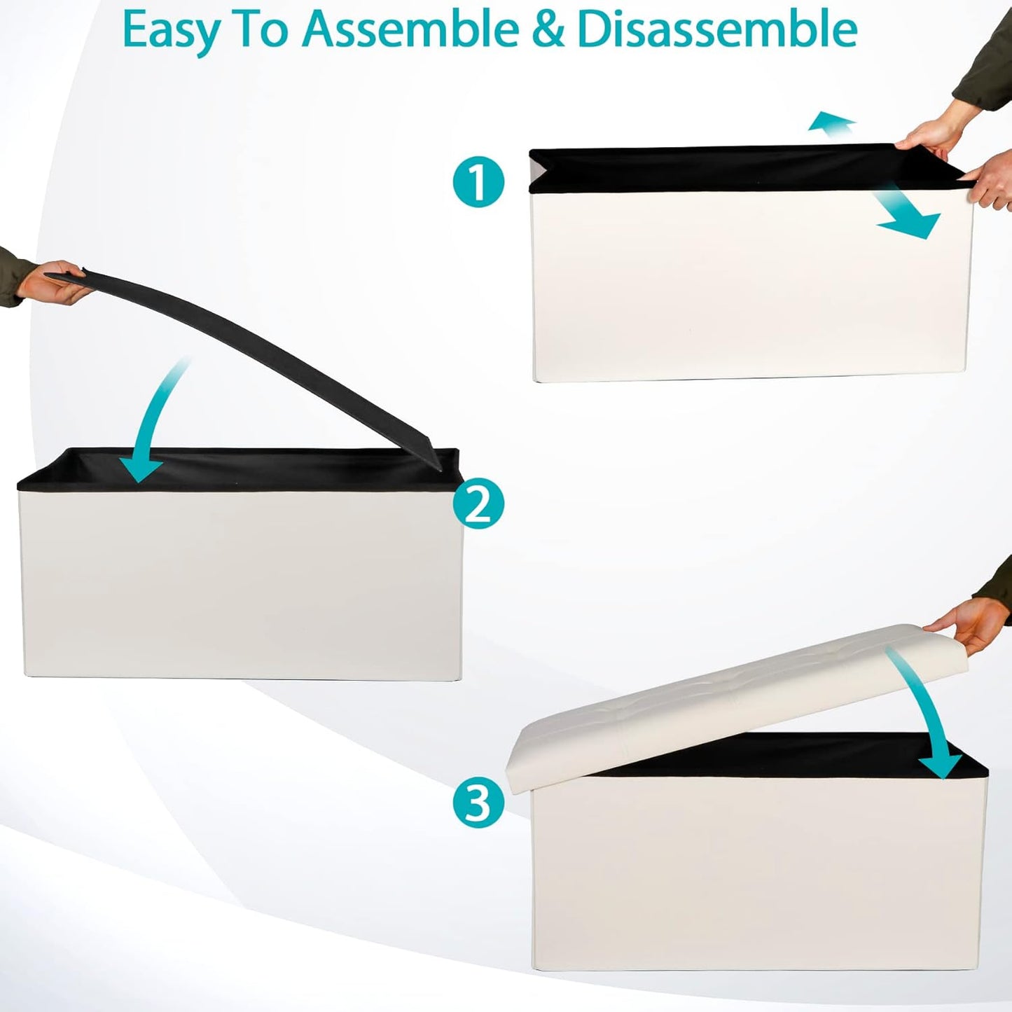 SUPER DEAL Folding Storage Ottoman Bench, Waterproof Faux Leather Ottoman Padded Seat Footrest Bench for Living Room, Bedroom, Entryway, Small Spaces, 15 x 30 x 15 inches, Creamy White