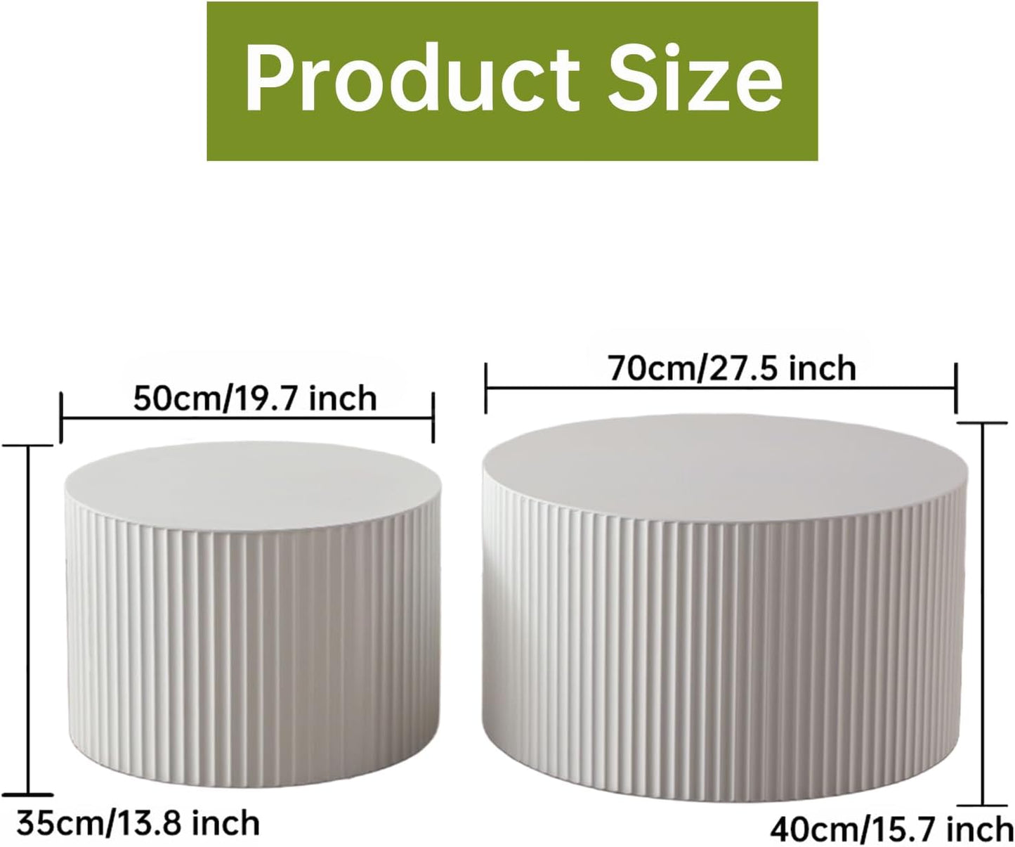 Round Nesting Coffee Table Modern White Fluted Coffee Table Set of 2 Stripe Cream Round Coffee Tables Circle Drum Coffee Tables Side Table Accent End Table for Living Room (White B Large)