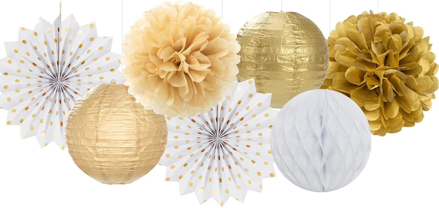 White Gold Party Decorations Streamers - 14pcs Christmas Wedding Engagement Paper Lanterns Fan,Tissue Pom Poms,Honeycomb Balls,Bachelorette Neutral Birthday Baby Bridal Shower Decor Lasting Surprise