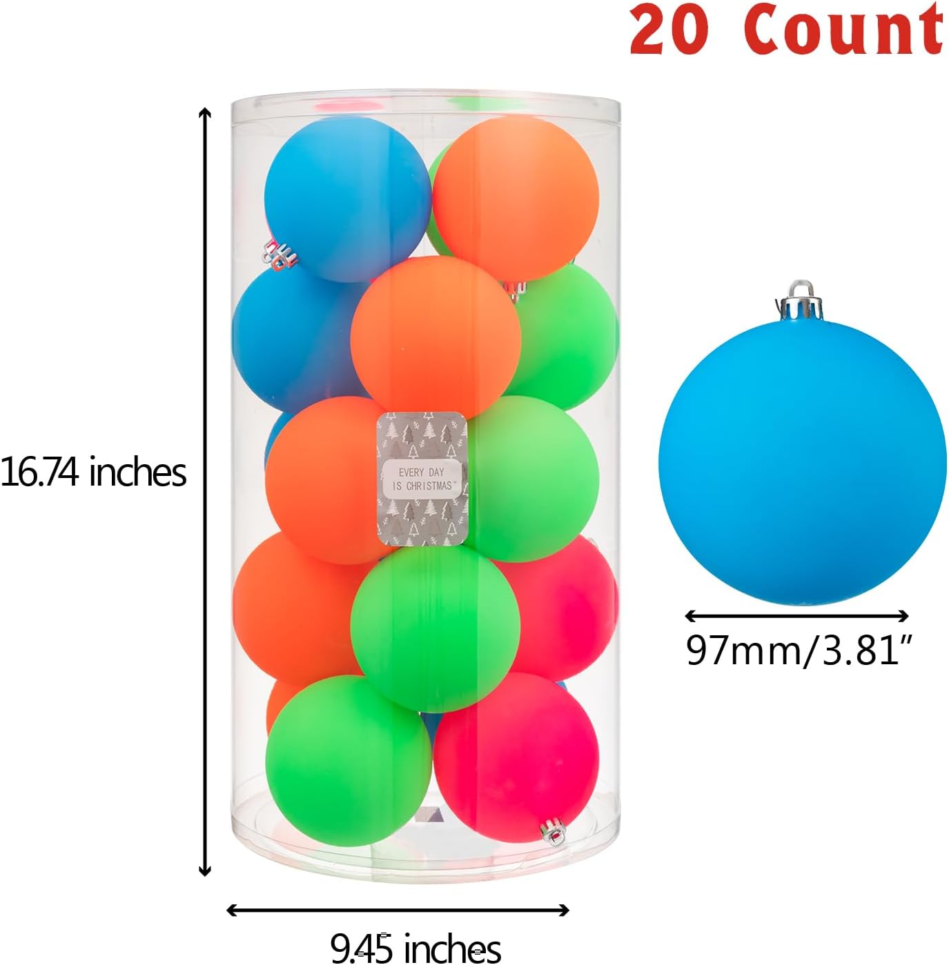 Every Day is Christmas 20ct Christmas Ornaments, Shatterproof Christmas Tree Ornaments Set, 92cm/3.6" Christmas Balls Decoration