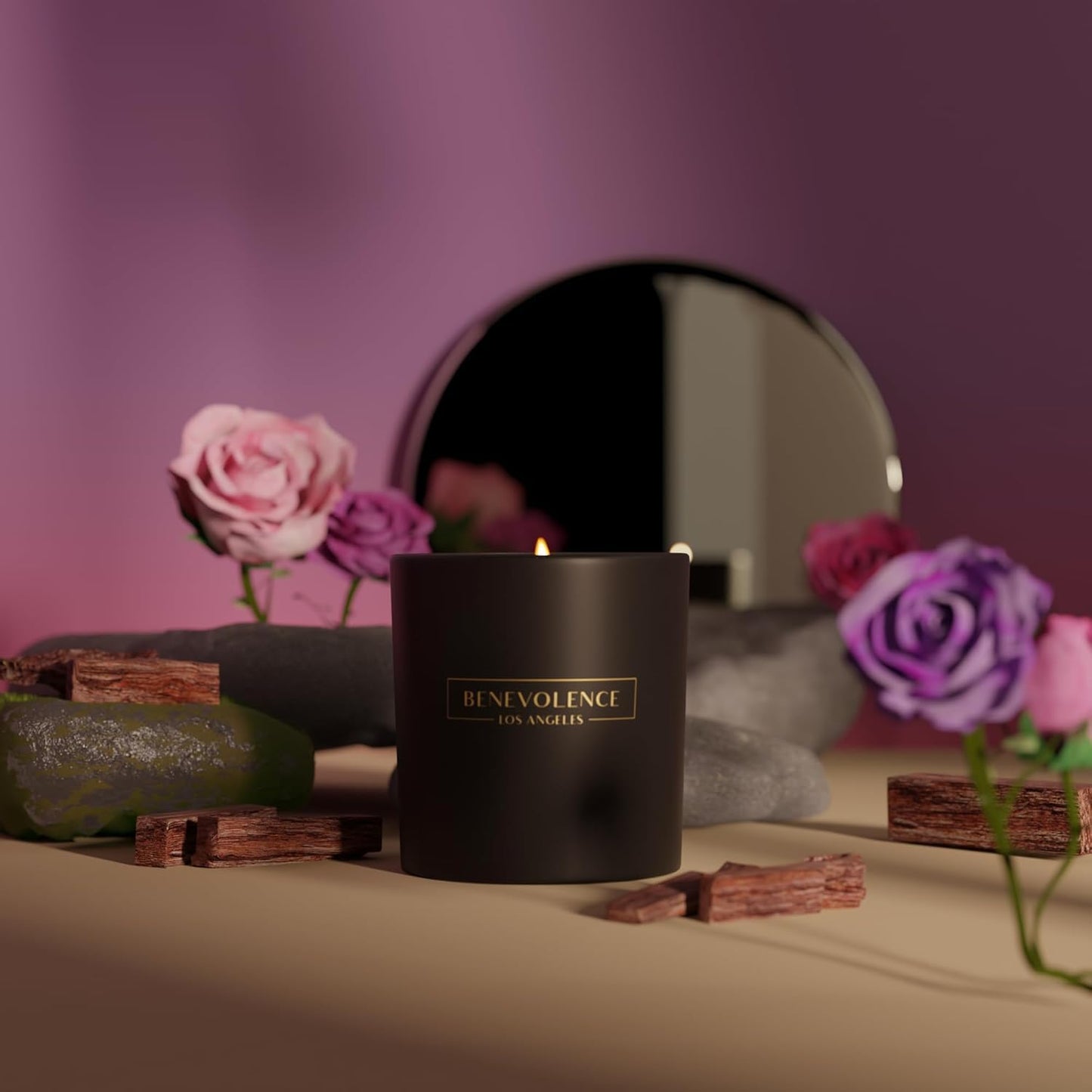 Benevolence LA Rose & Sandalwood Scented Candle | Soy Candles, Black Candle for Home | Gifts for Women and Men | Home Fragrance | Aromatherapy | 8oz, 45 Hour Burn