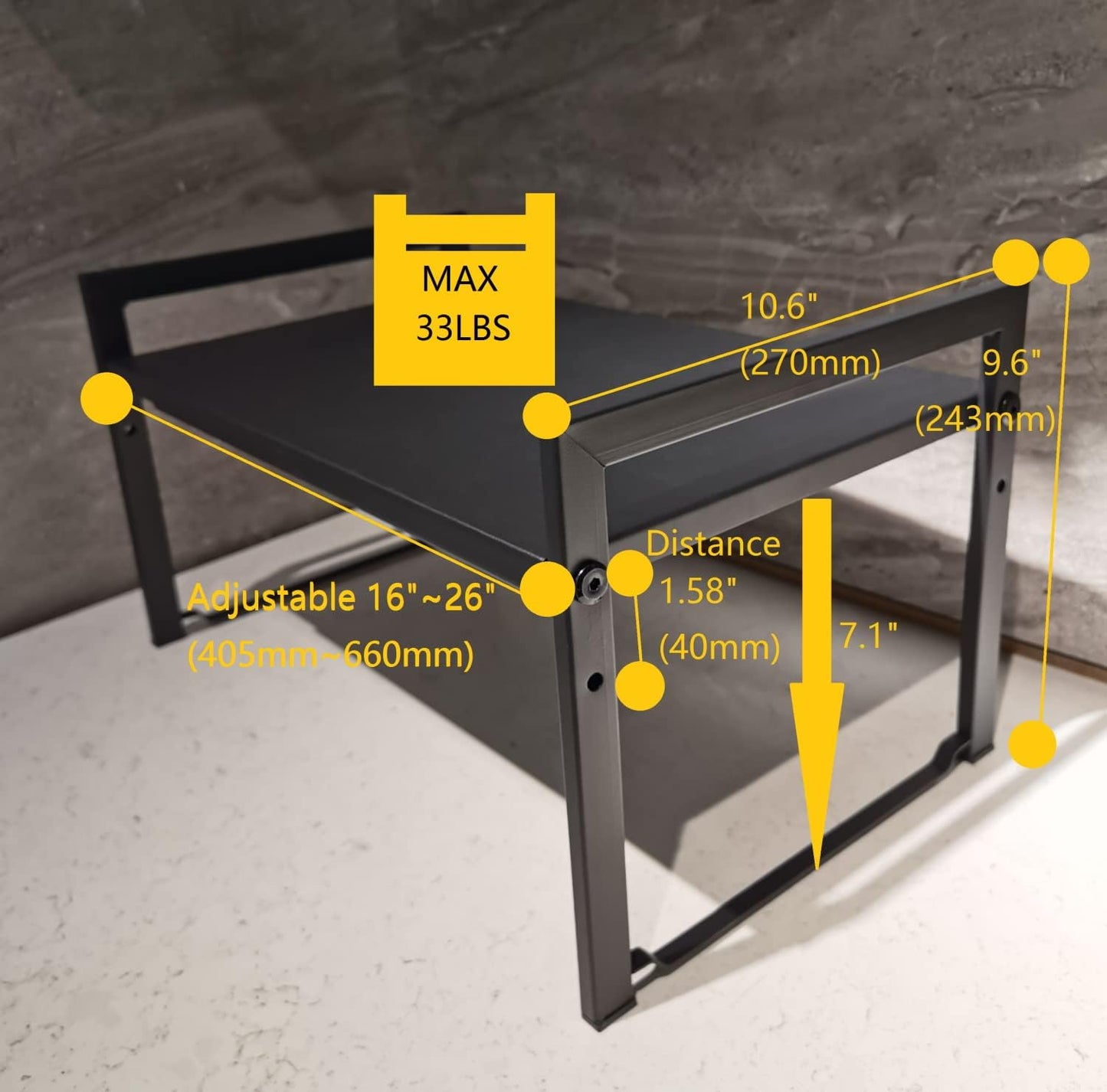 Expandable Cabinet Shelf Organizer 16-26" L Stackable Kitchen Counter Shelf Sink Rack Countertop Storage Black (Wide 10.6”D)