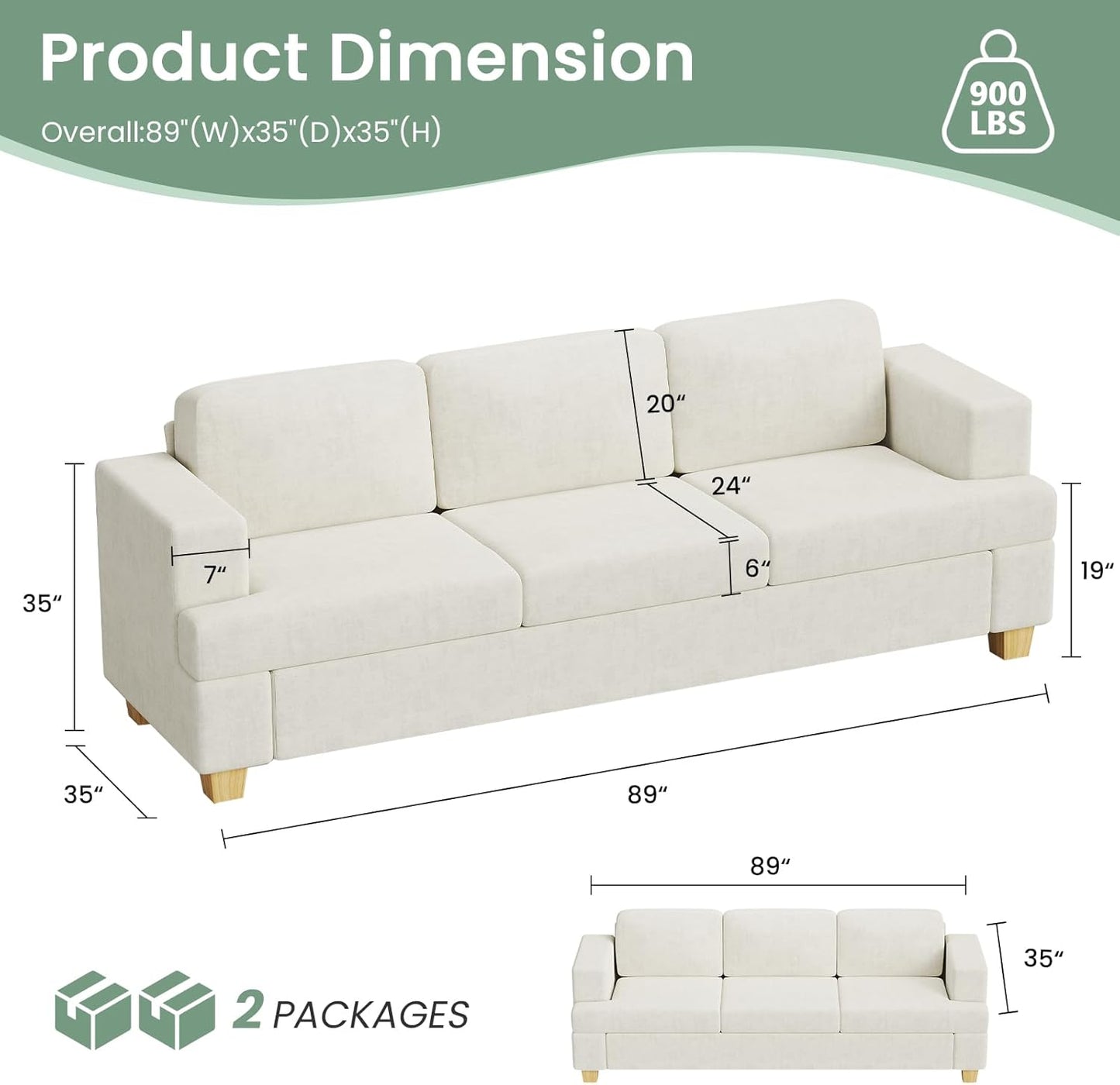Sofa, 3 Piece Set Comfy Sofa, Loveseat & 2 3-Seater Couch with Deep Seats for Living Room, Modern Sleeper Couch, Beige Chenille