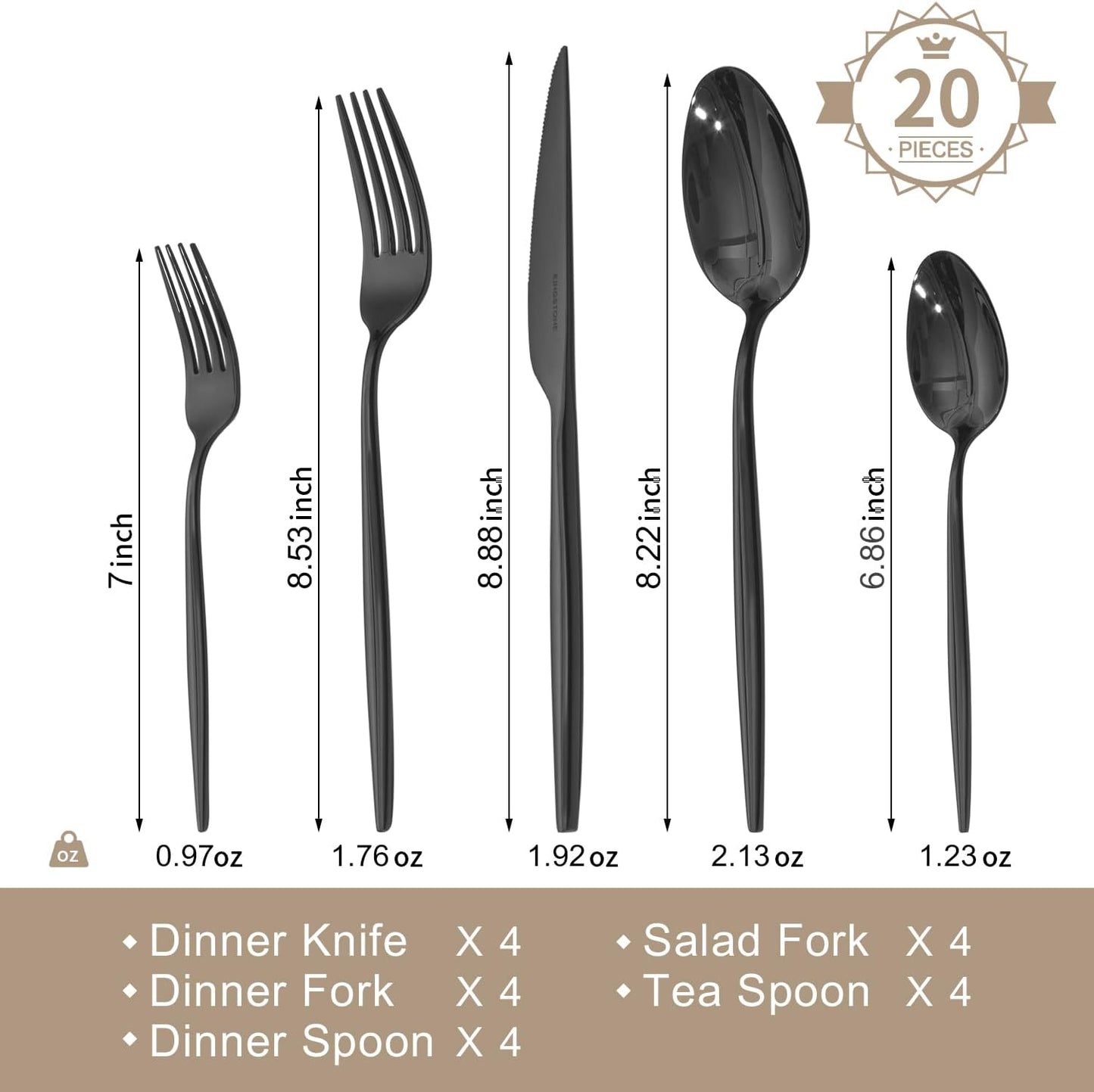 KINGSTONE Silverware Set, 20-Piece Flatware Set Cutlery Set Premium 18/10 Stainless Steel, Tableware Include Forks Knives Spoons for Home Kitchen Restaurant Wedding, Dishwasher Safe,Black