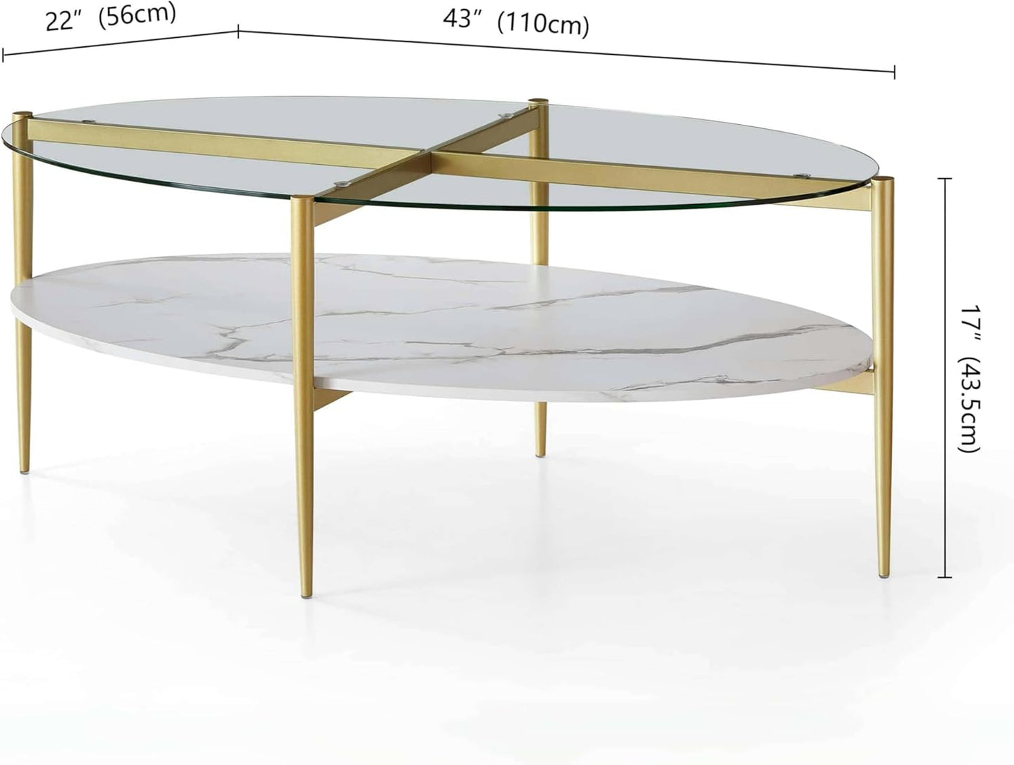 Oval Glass Coffee Table, Mid-Century Modern Design, L43 x W22 x H17 inch, Surfboard Shaped Clear Glass Top and White Marble Finish Wood Shelf, Tapered Legs with Gold Finish Frame