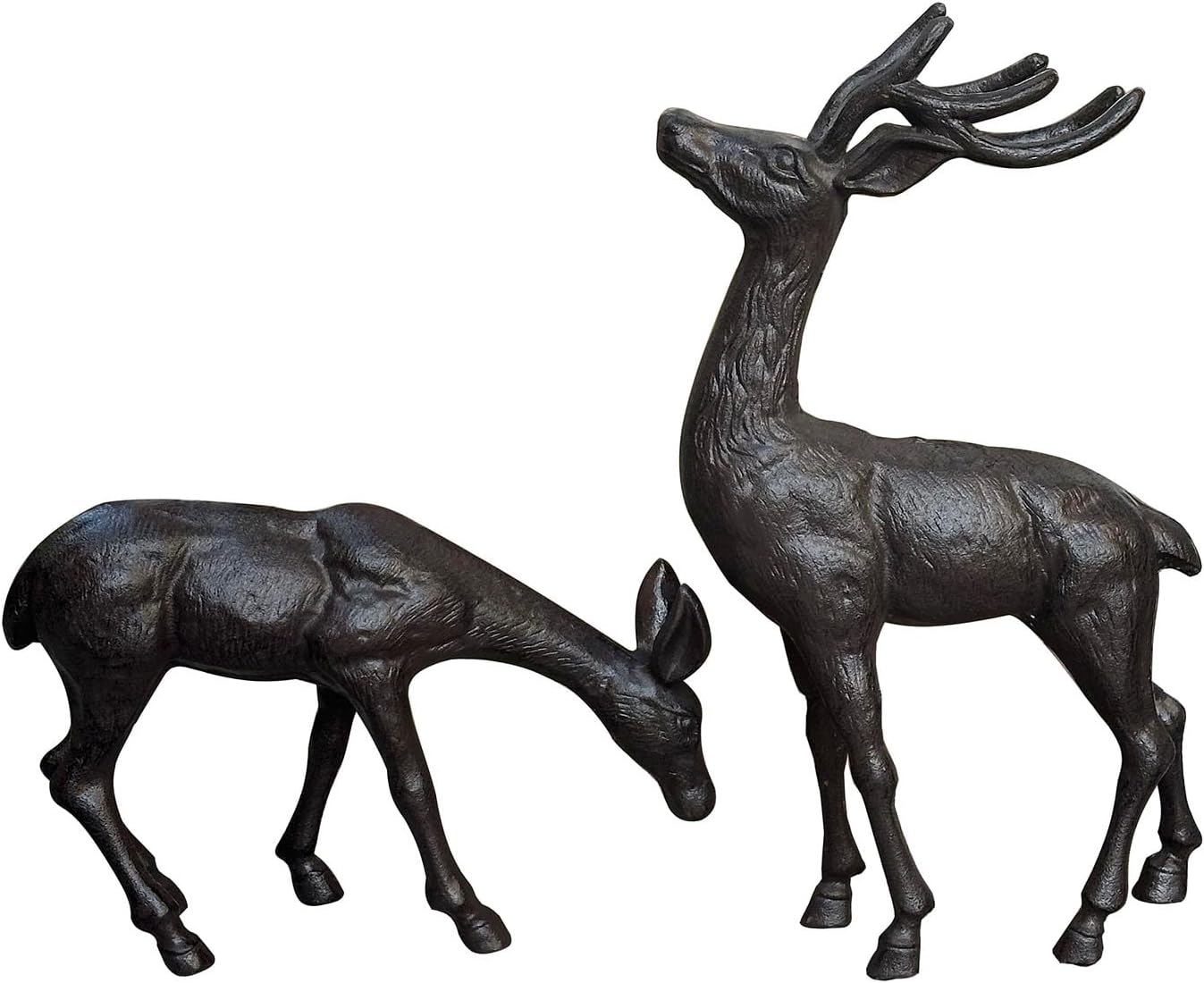 Elegant Pair of Cast Iron Deer Sculptures -22" and 11.4" Tall Male and Female Set for Outdoor Garden Decor, Realistic Animal Statues HC3672-5691