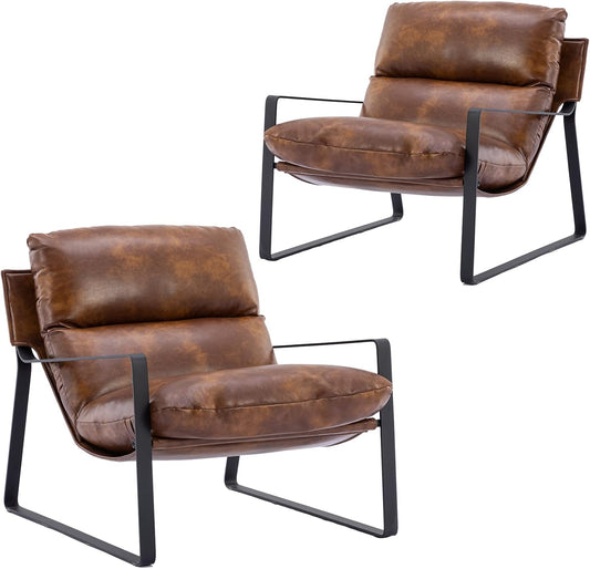 DUOMAY Mid-Century Accent Chair Armchair Set of 2, Comfy PU Leather Leisure Chair Lazy Chair with Metal Leg for Living Room Bedroom Office Apartment, Brown