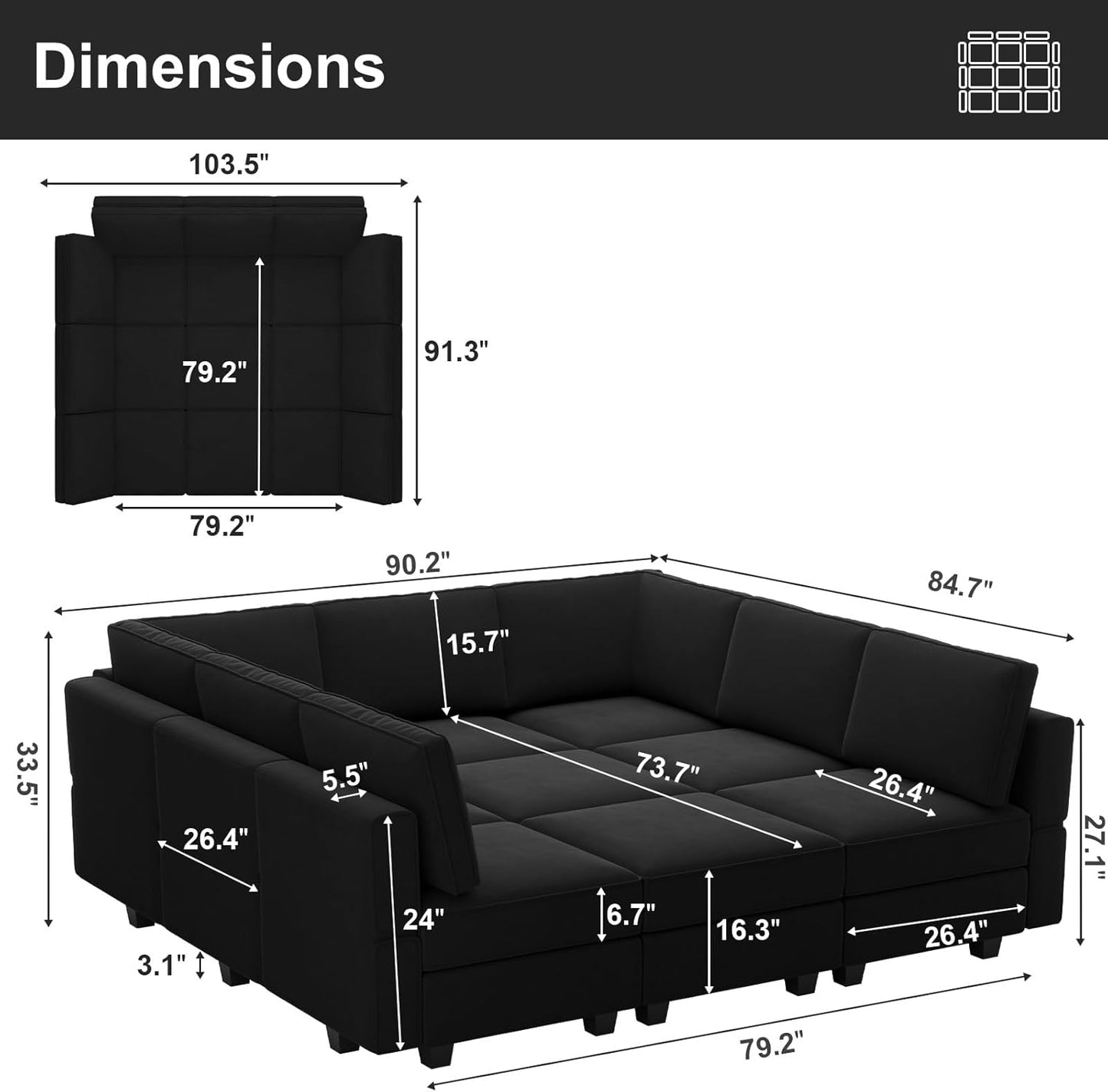 Belffin Modular Sectional Sofa with Ottomans Velvet Reversible Sleeper Chaise Bed Storage Seat Black