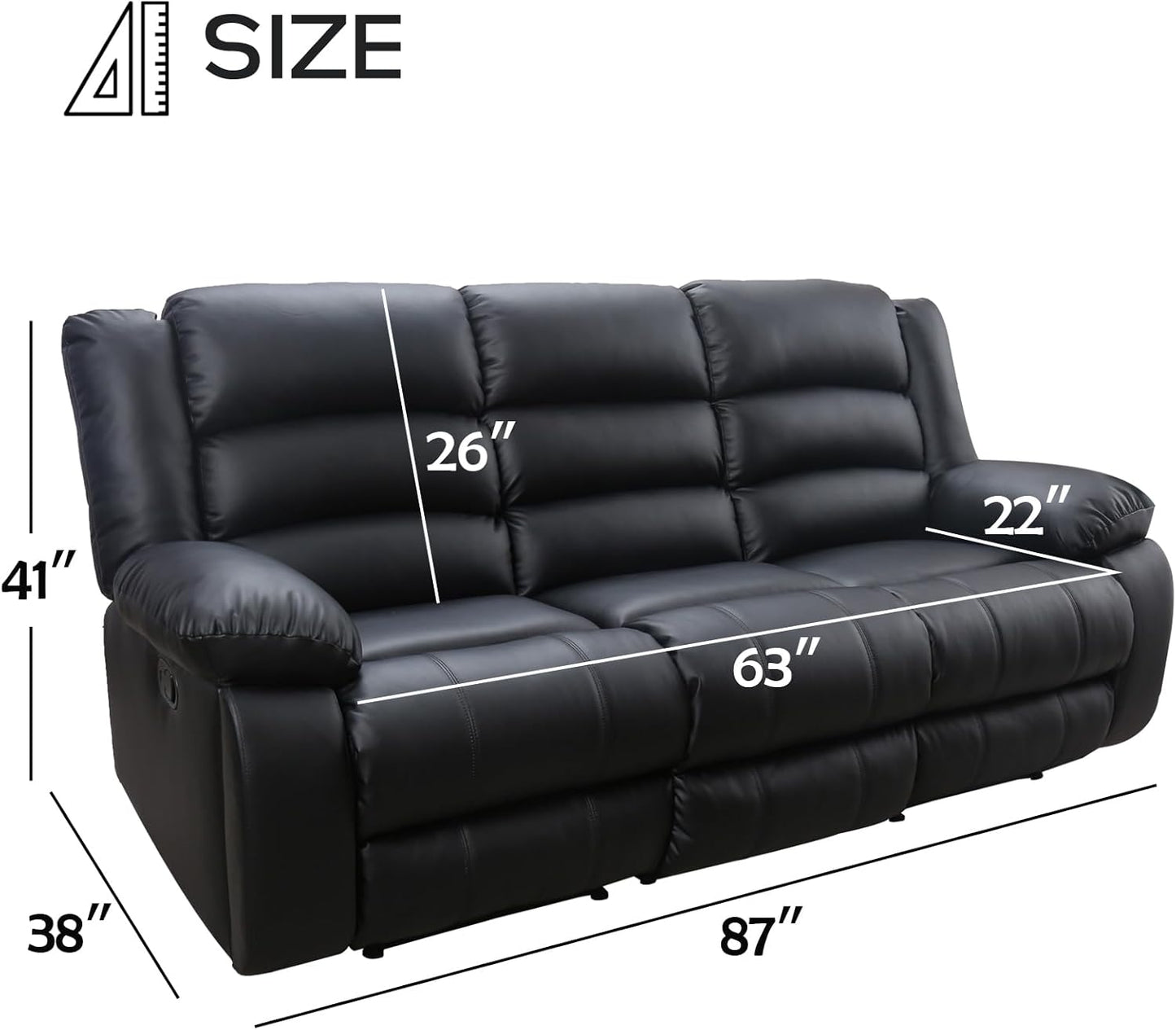 EBELLO Faux Leather Manual Reclining Sofa with 2 Concealed Cup Holders, Overstuffed Armrest 3 Seat Recliner Couch for Living Room, Bedroom, Meeting Room, Black