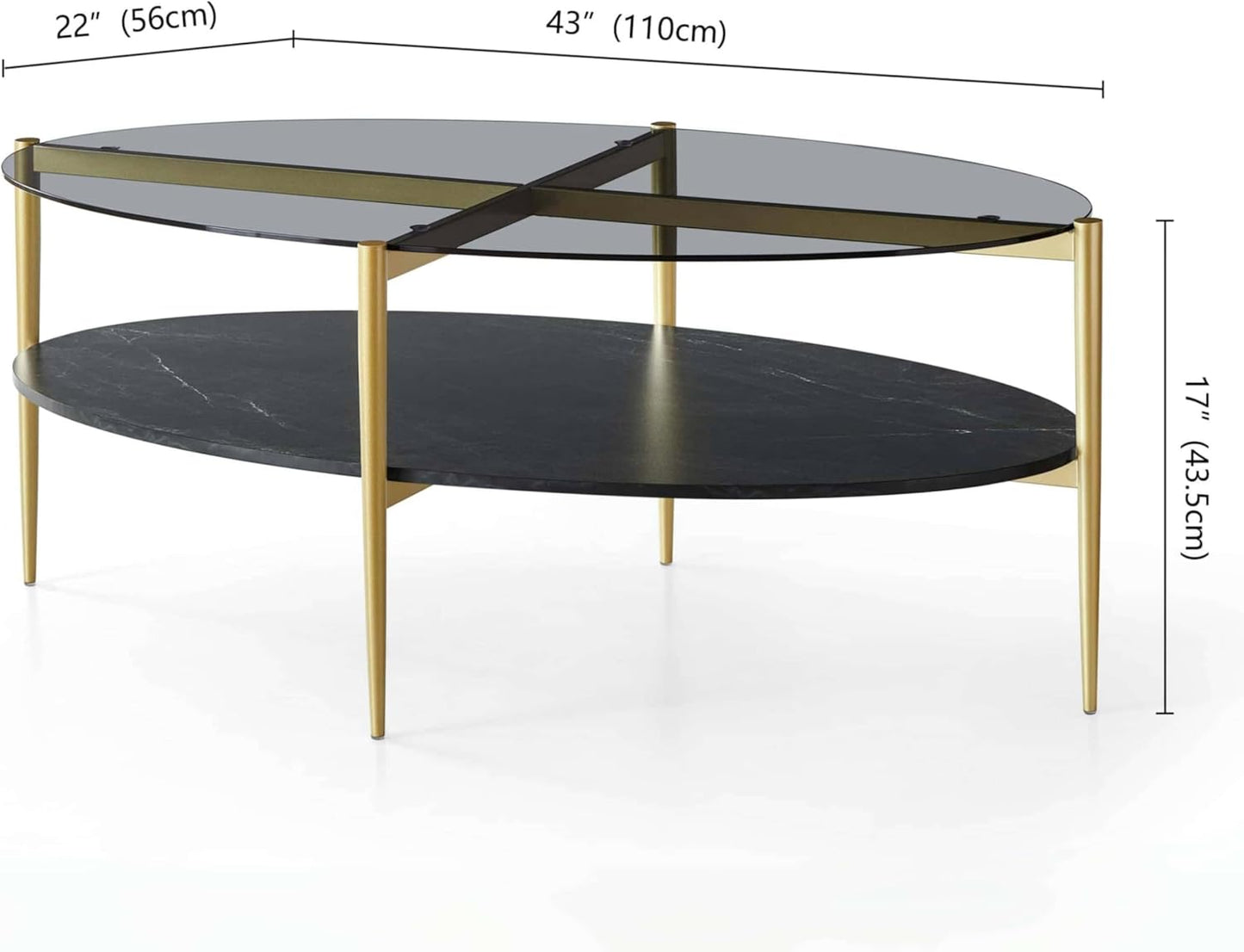 Oval Glass Coffee Table, Mid-Century Modern Design, L43 x W22 x H17 inch, Surfboard Shaped Grey Glass Top and Black Marble Finish Wood Shelf, Tapered Legs with Gold Finish Frame