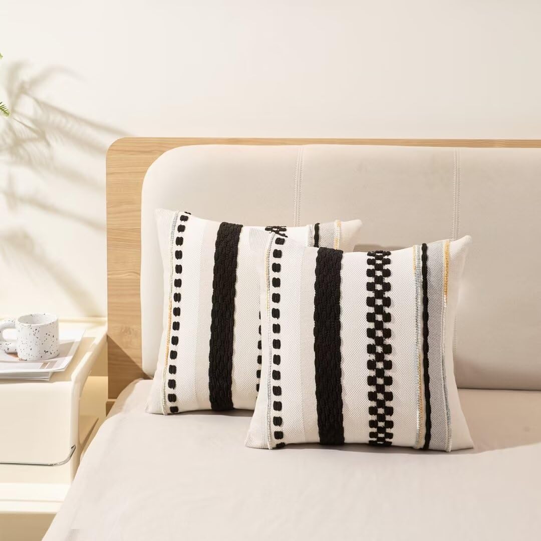 Boho Throw Pillow Covers 18x18 Set of 2 Farmhouse Decorative Cushion Case Striped Square Pillows Cover Chenille Pillow Cases Accent Neutral Pillowcase for Sofa Couch Bed,Black