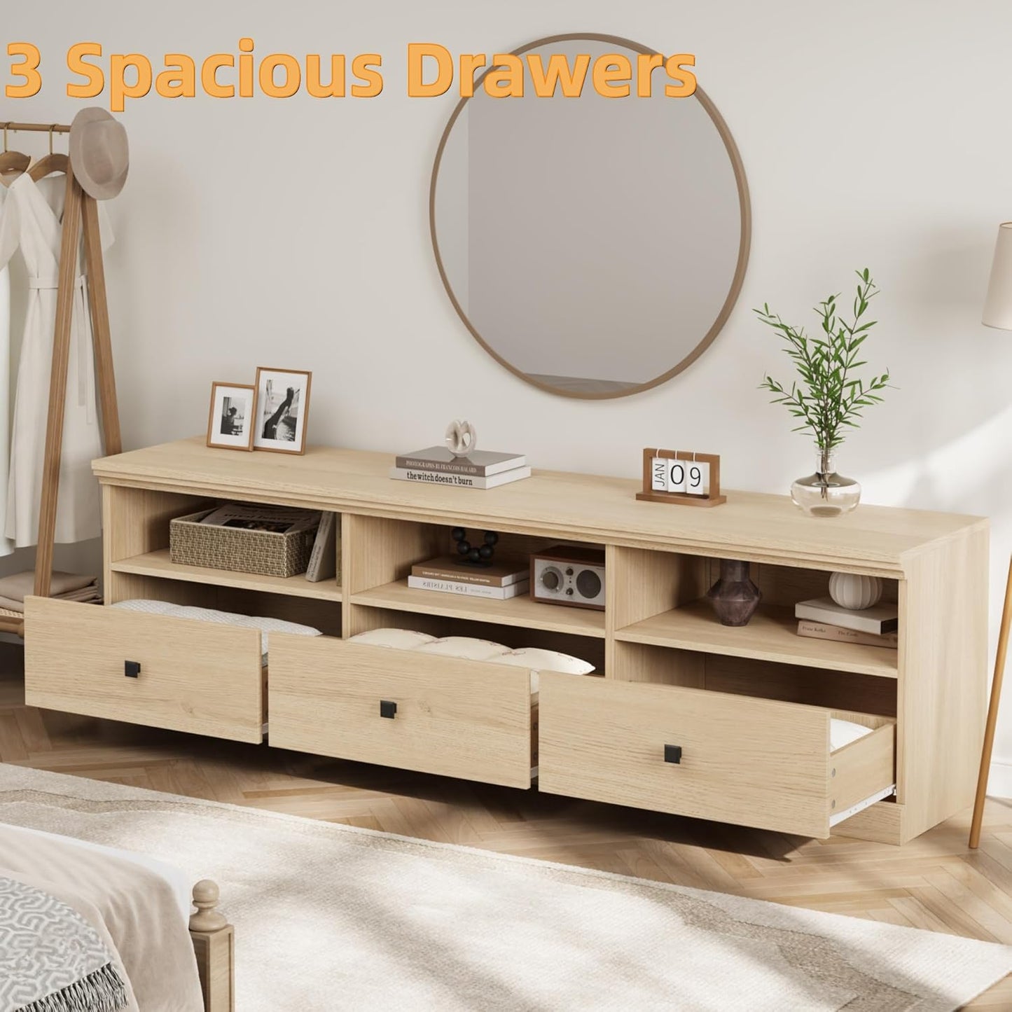 IDEALHOUSE 70in TV Stand for TVs up to 80", Mid Century Modern Entertainment Center with Storage Drawer and Open Shelves, TV Console Media Cabinet for Living Room, Bedroom (Light Oak)