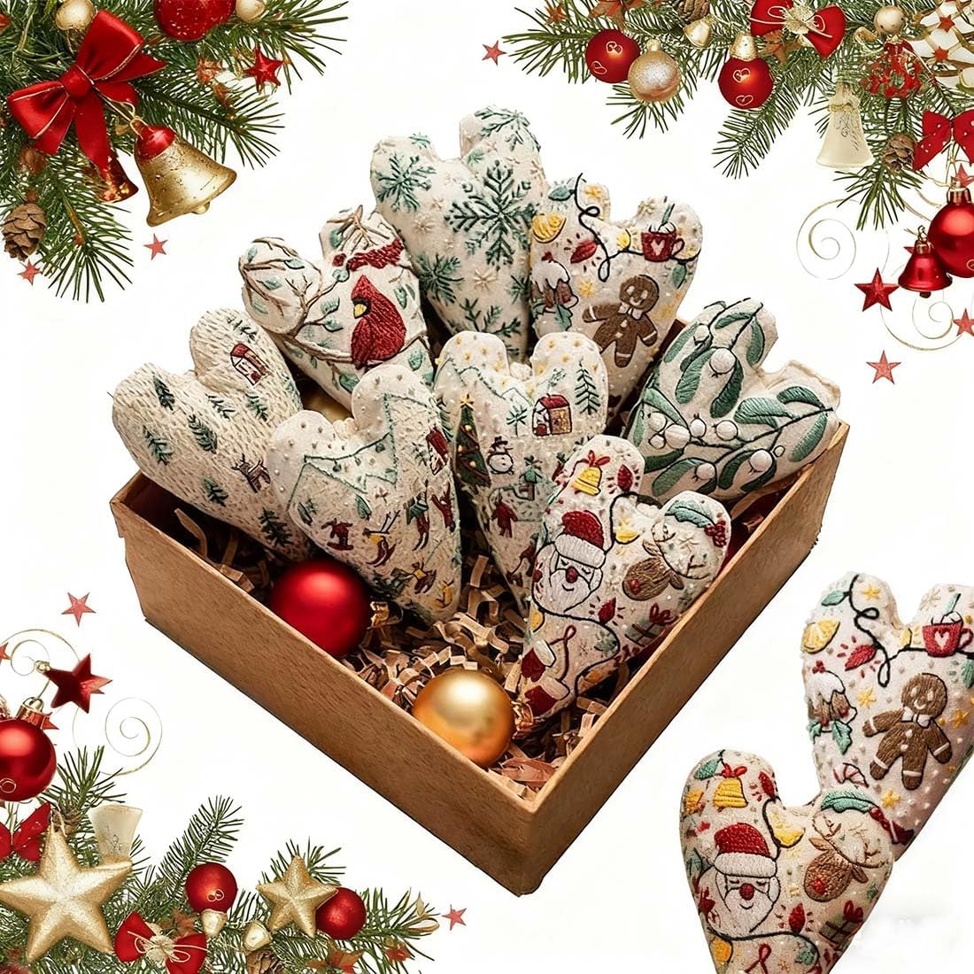 Christmas Ornament Embroidery Kit, DIY & Finished Heart Shaped Hand Embroidered Christmas Ornament/Ornament Kit, Beginner Friendly Cross Stitch Craft Set with Needles Thread (Finished)