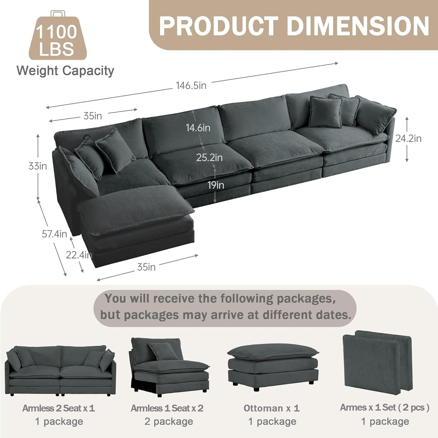 Sectional Sofa 4 Seater with Movable 1 Ottoman,Oversized Modular Couch Deep Seat (Grey, 146.5 inch-L)