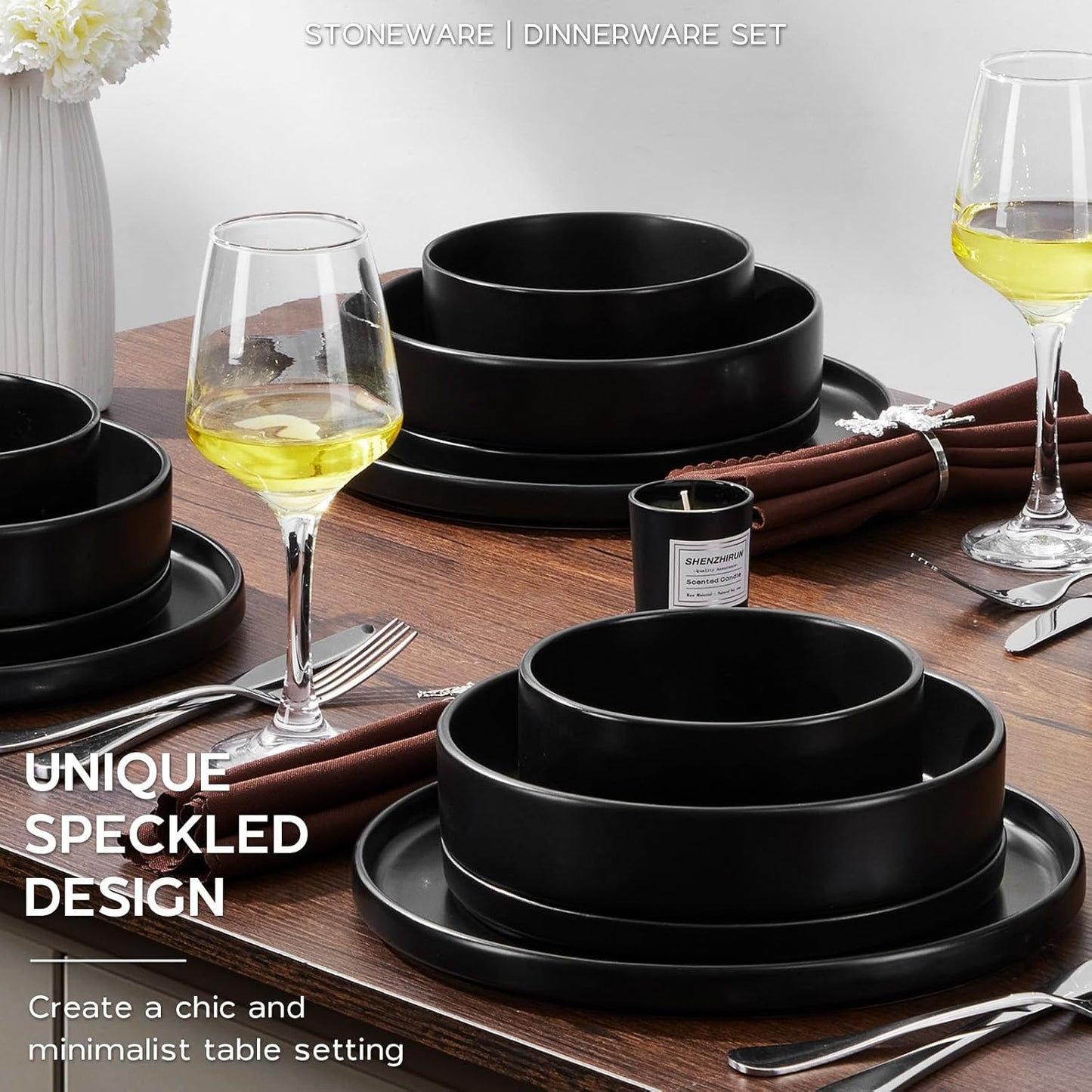 Onader Stoneware Dinnerware Set for 2 with Pasta Bowl, 8 Piece Plates and Bowls Dish Dinner Set, Microwave & Dishwasher Safe - Ebony Black