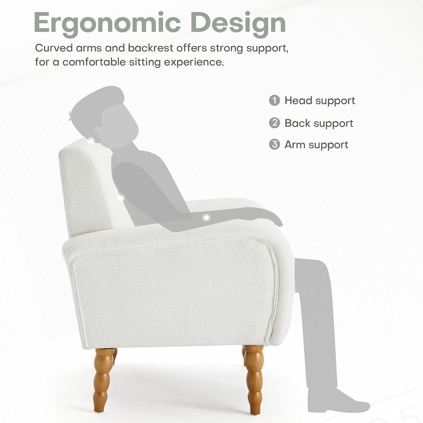 Chenille Fabric Accent Chairs Set of 2, Upholstered Armchair with Solid Wood Legs, Modern Living Room Accent Chair, Comfy Single Sofa Reading Club Chair for Bedroom Reception Lounge, White