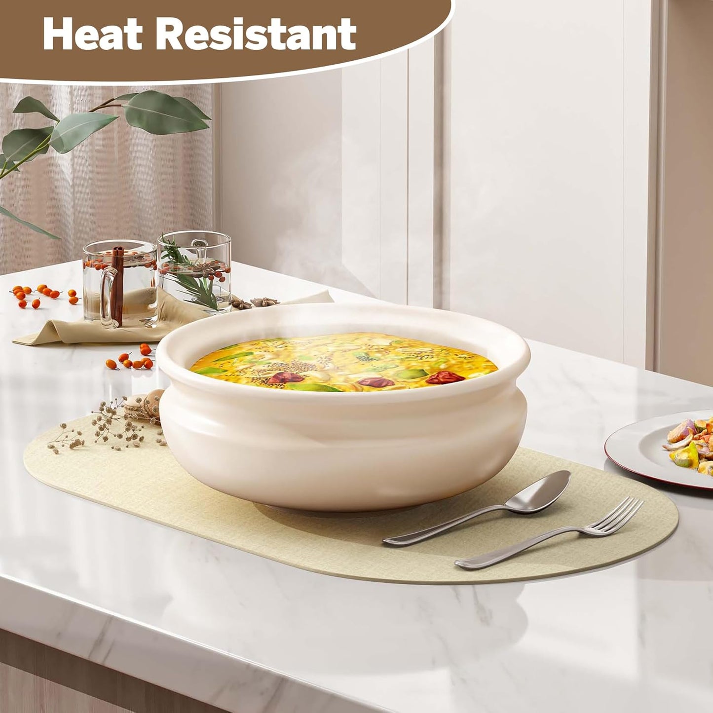 DOLOPL Large Placemats Set of 6, Oval Reversible Wipeable & Non-Slip Place Mats, Modern Faux Leather Table Mats for Kitchen, Neutral Tablemats for Dining Table Decor, Wedding, Party(Beige)