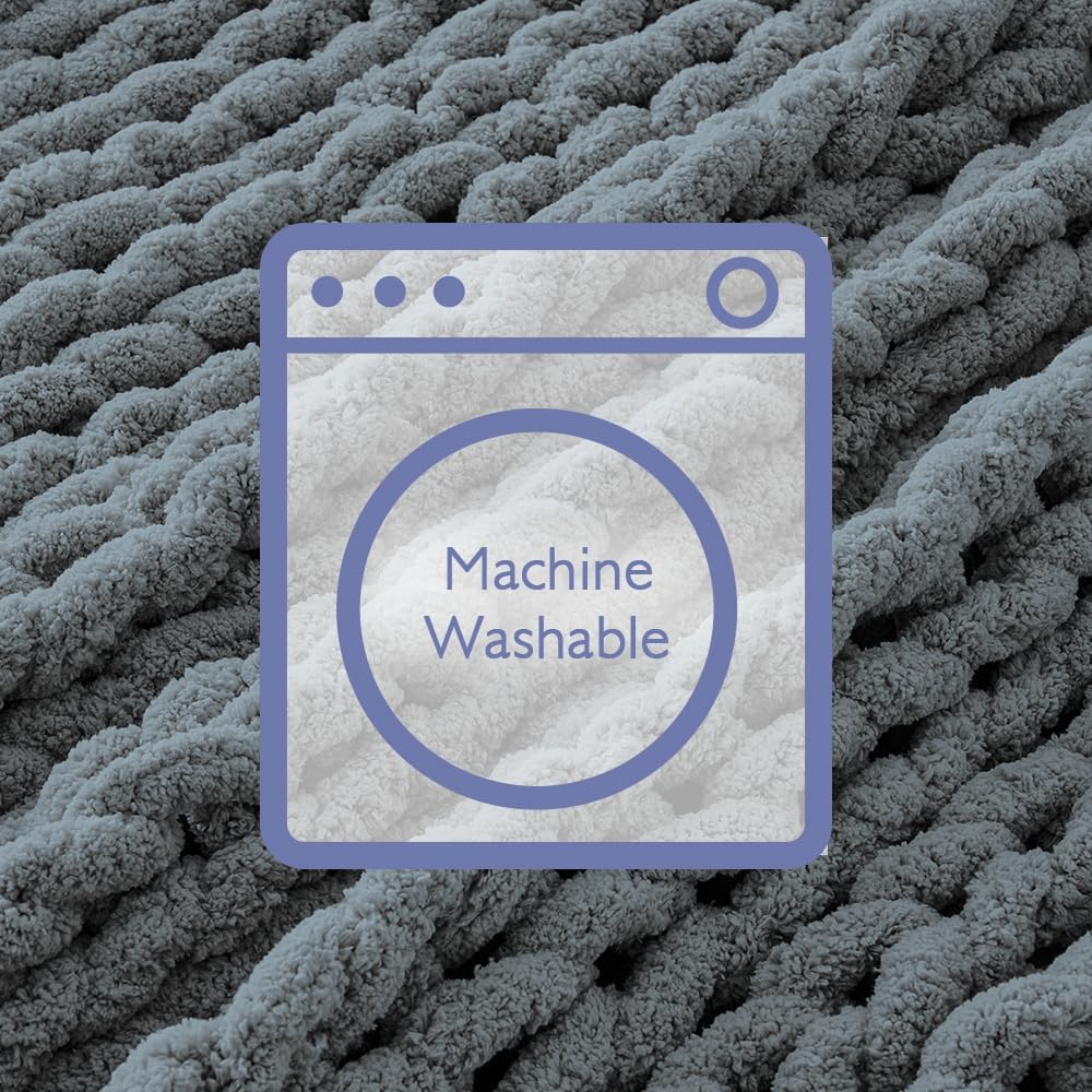 Bigacogo Chunky Knit Throw Blanket for Couch, 40x60 inches, 100% Hand Knitted with Thick Jumbo Chenille Yarn, Cozy Soft Large Rope Knot Cable Crochet Blankets for Sofa Bed Living Room, Iron Gray