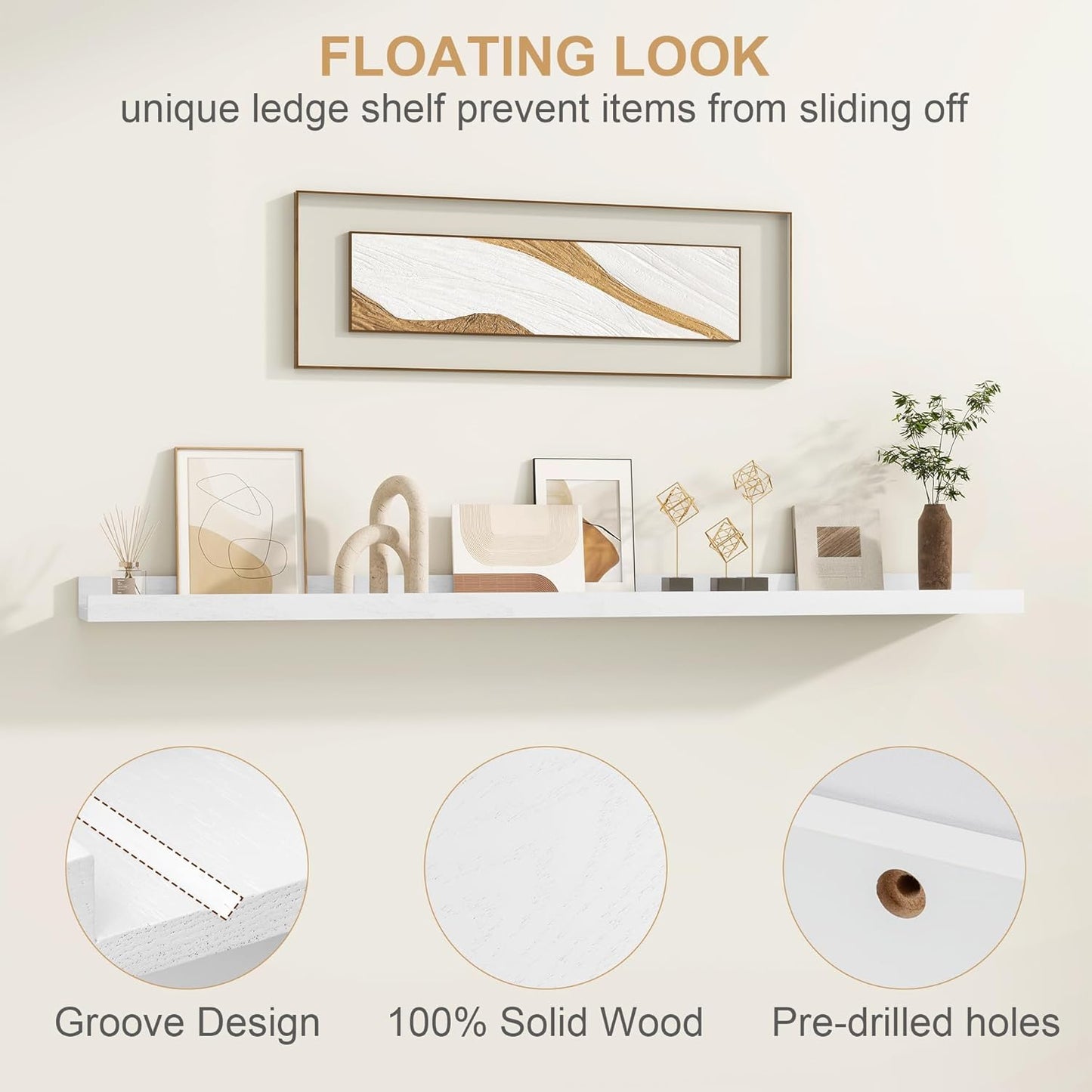 Floating Picture Ledge Shelves 24 Inch Solid Oak Wood Set of 2, Rustic Wall Storage Shelves with Lip, Kids Bookshelf, Photo & Picture Ledge Shelves for Bedroom, Living Room, Kitchen