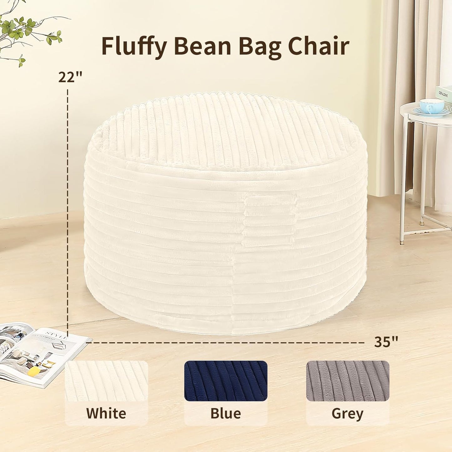 Memory Foam Bean Bag Chair for Adults/Teens, Bean Bag Sofa with Fluffy Removable Cover, for Living Room Bedroom, 3FT White