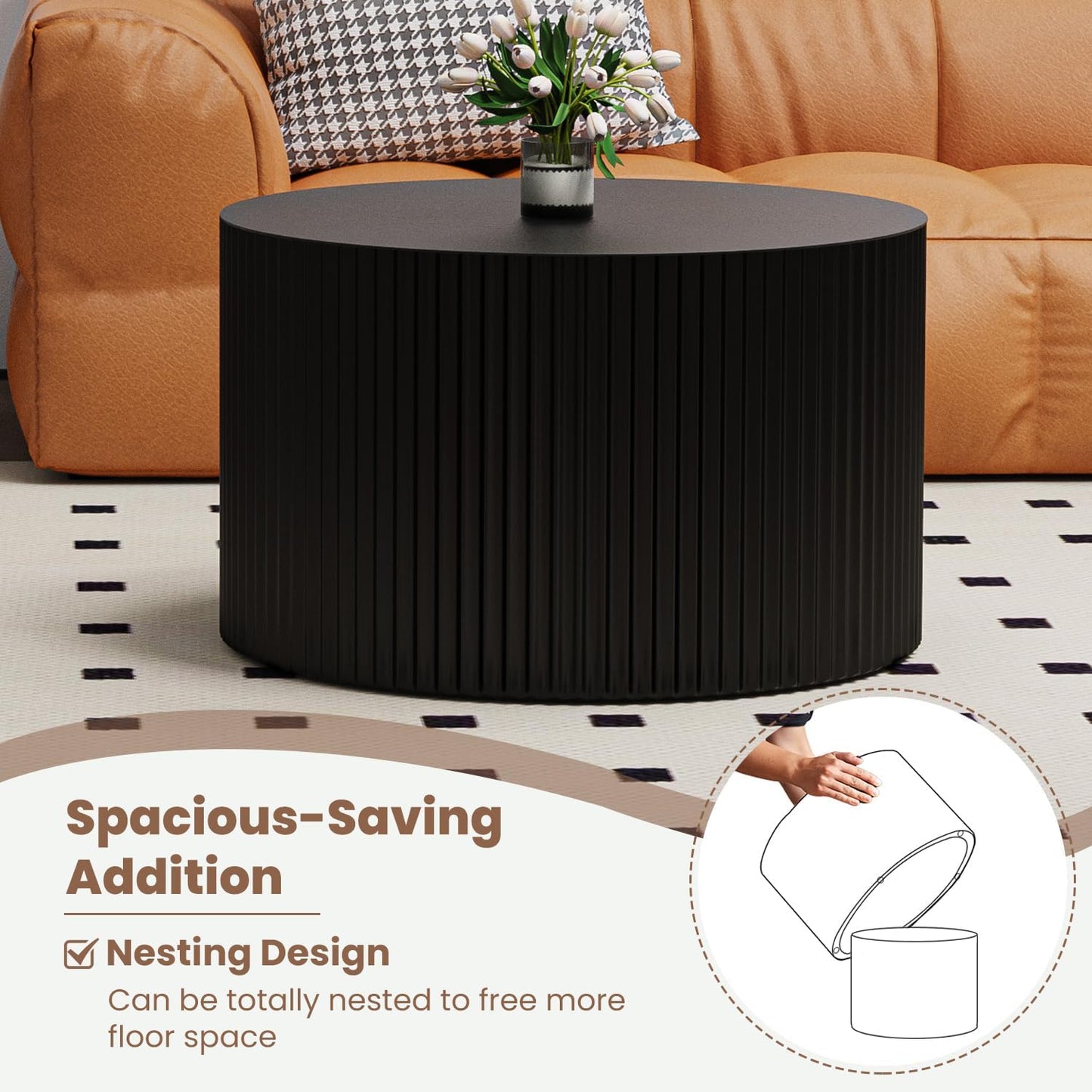 Round Nesting Coffee Table Wood Drum Nesting Tables Modern Stacking Coffee Table Set of 2 Fluted Center Table End Table for Living Room Home Office Small Spaces, No Assembling (Black Large)