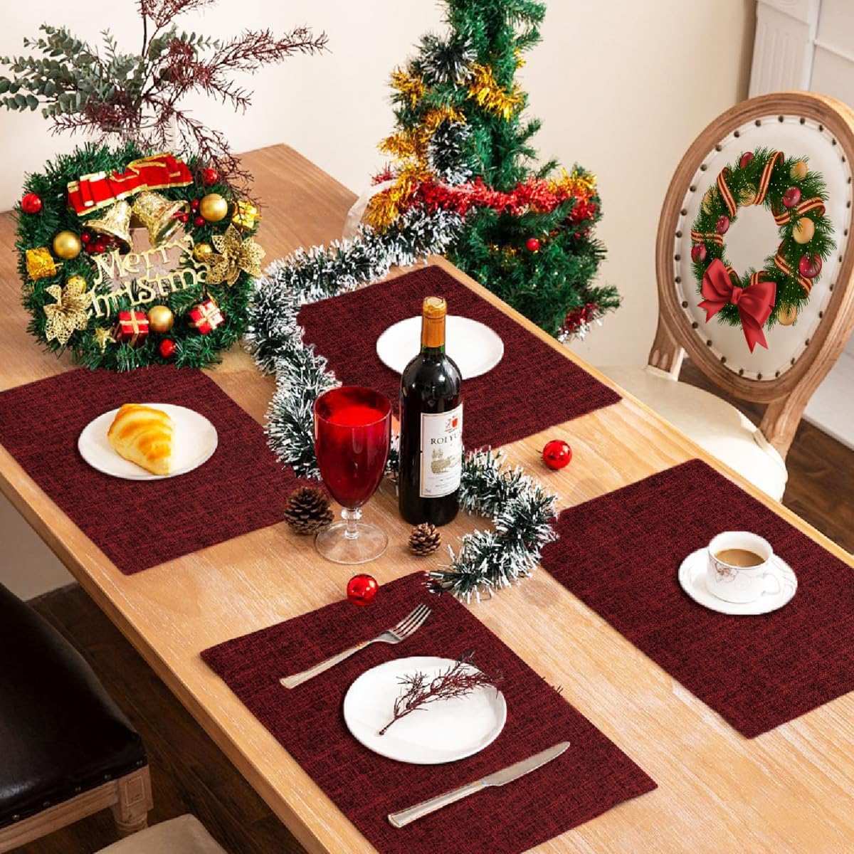 Christmas Placemats Set of 8, Bilayer Thickened Linen Place Mats Heat Resistant Machine Washable Wrinkle Free Carefully Selected Polyester Mats for Kitchen/Dining/Coffee Table (Deep Red)
