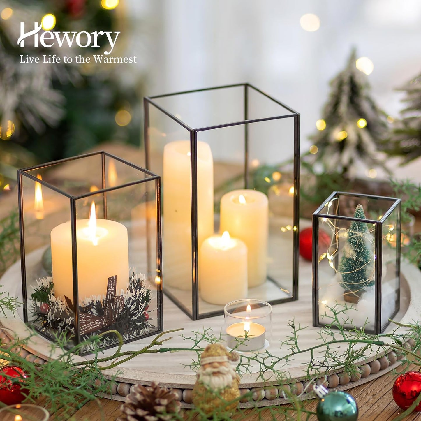Glass Hurricane Candle Holder Large - Hewory 18pcs Black Rectangle Flower Holders Centerpiece for Table, Tall Floor Square Pillar Candle Lantern for Wedding, Anniversary, Party, Fireplace, Dining Room