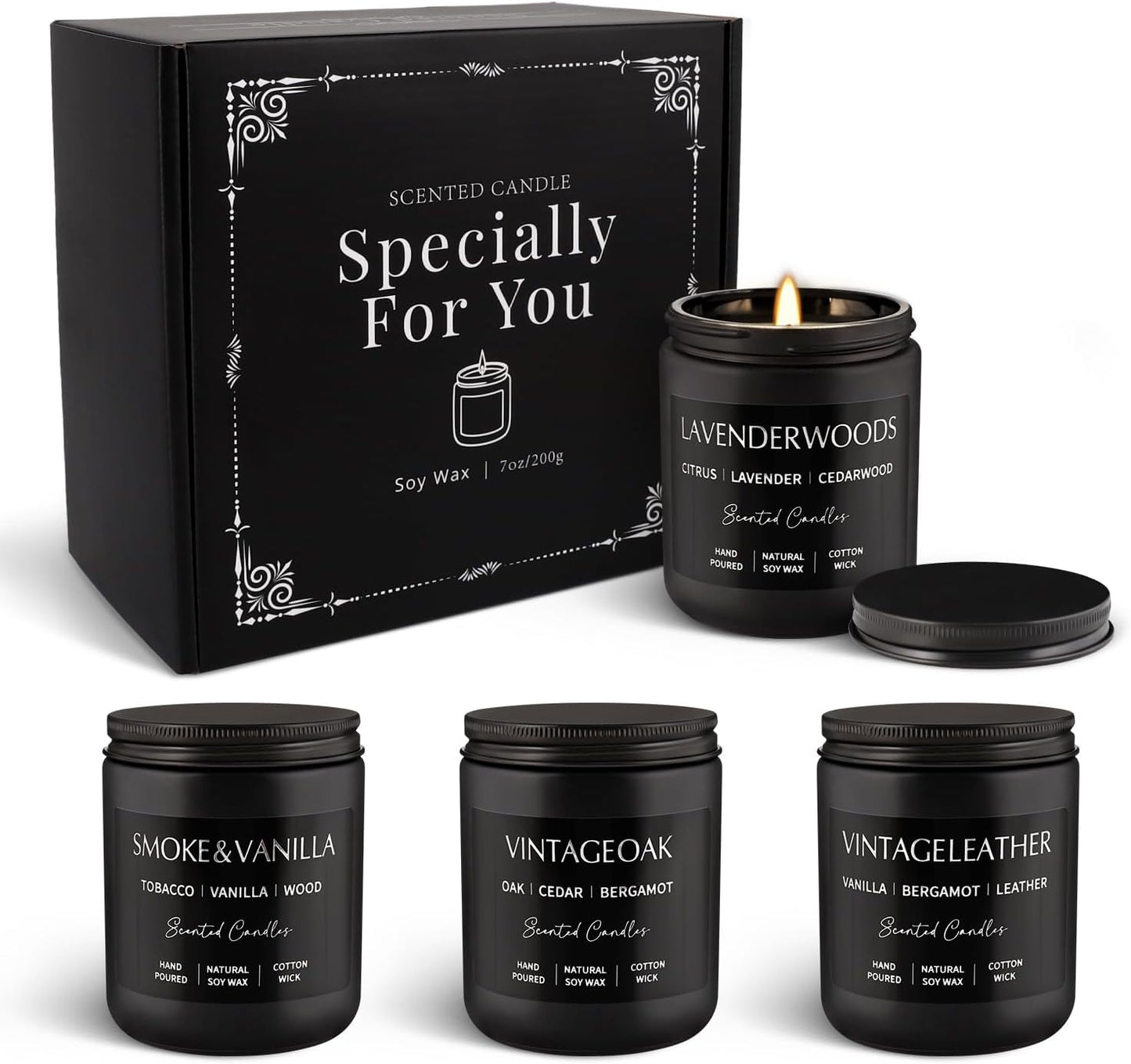 Scented Candles Gift Set - 4 Pack (7oz Each) Soy Wax Aromatherapy Candles with Essential Oils, Smokeless - Leather & Smoke, Vanilla Oakmoss, Lavender - Relaxing Fragrance for Home, Office, Yoga