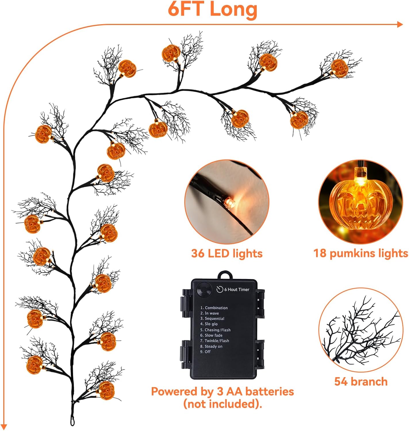 [8 Modes & Timer] 6Ft 45 LED Halloween Willow Vine Twig Garland with Orange Lights - Battery Operated, Waterproof Halloween Decor for Indoor Wall, Fireplace Mantle, Home Party (Pumpkin, 6FT)