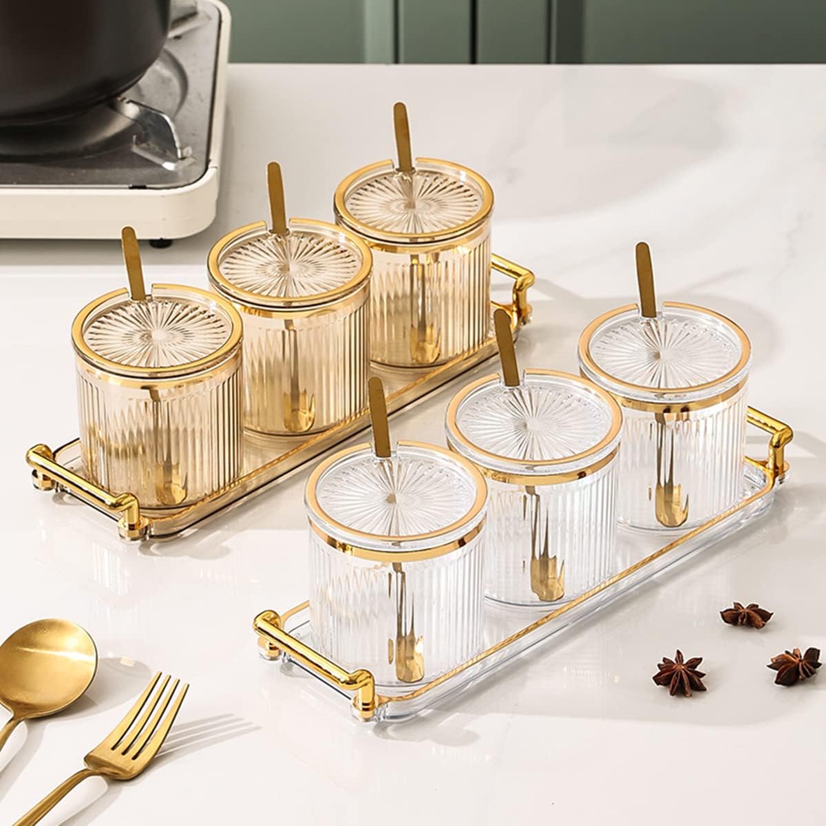 Acrylic Condiment Spice Jars,Condiment Spice Box With Lids and Spoons and Tray,Clear Plastic Condiment Canisters,Seasoning Box 4 Pack,Seasoning Box Set for Kitchen to Storage Salt,Paprika,Sugar