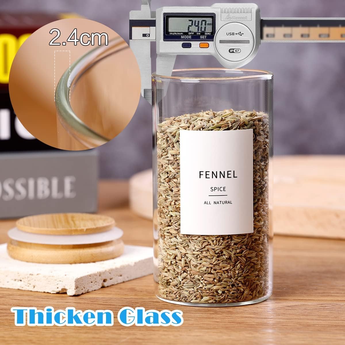 12 Pcs Glass Spice Jars With Bamboo Airtight Lids, 10oz Thicken(2.4mm) Spice Containers With 148 Minimalist Preprinted Waterproof Spice Labels, Kitchen Empty Small Storage Jars For Seasoning, Herb