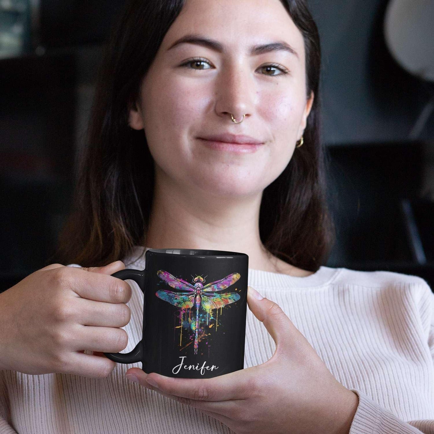 Colorful Dragonfly Ceramic Cup - Personalized Name Coffee Mug for Birthday, Gift for Son Daughter, Customized Black Animal Mug, Dragonfly Lover Cup 11oz 15oz