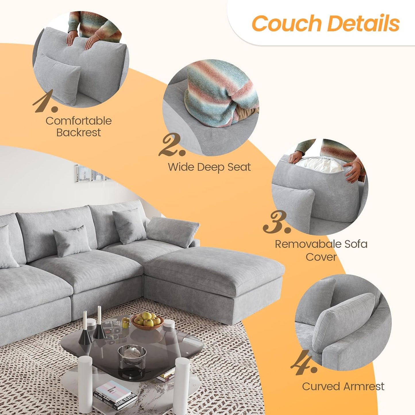 JACH U Shaped Sectional Couches, Cloud Sectional Couch with Deep Seat, 119" Down Filled Modular Sofa with Chaise, Covers Removeable & Washable, Sofas Furniture for Living Room, Light Grey
