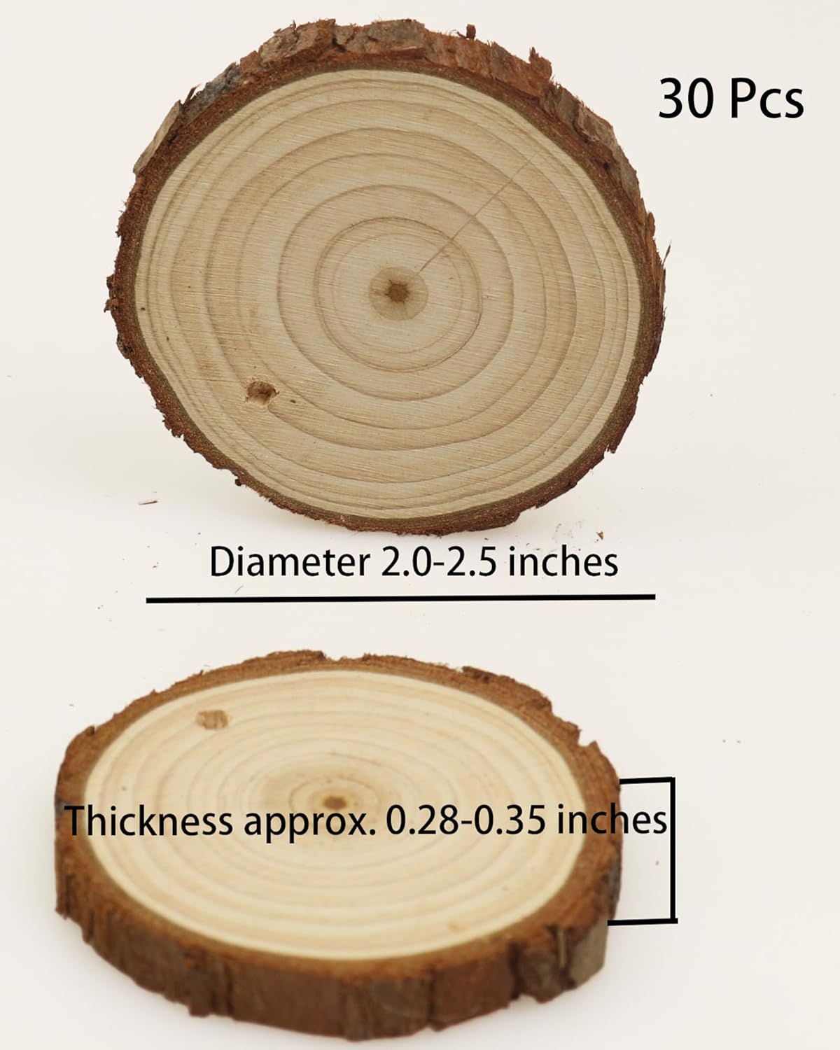 Natural Wood Slices 30 Pcs 2-2.4 Inches Craft Unfinished Wood Kit Predrilled Wooden Rounds Bark, with Hole, Wooden Discs for Crafts Ideal for DIY Projects, Christmas Ornaments