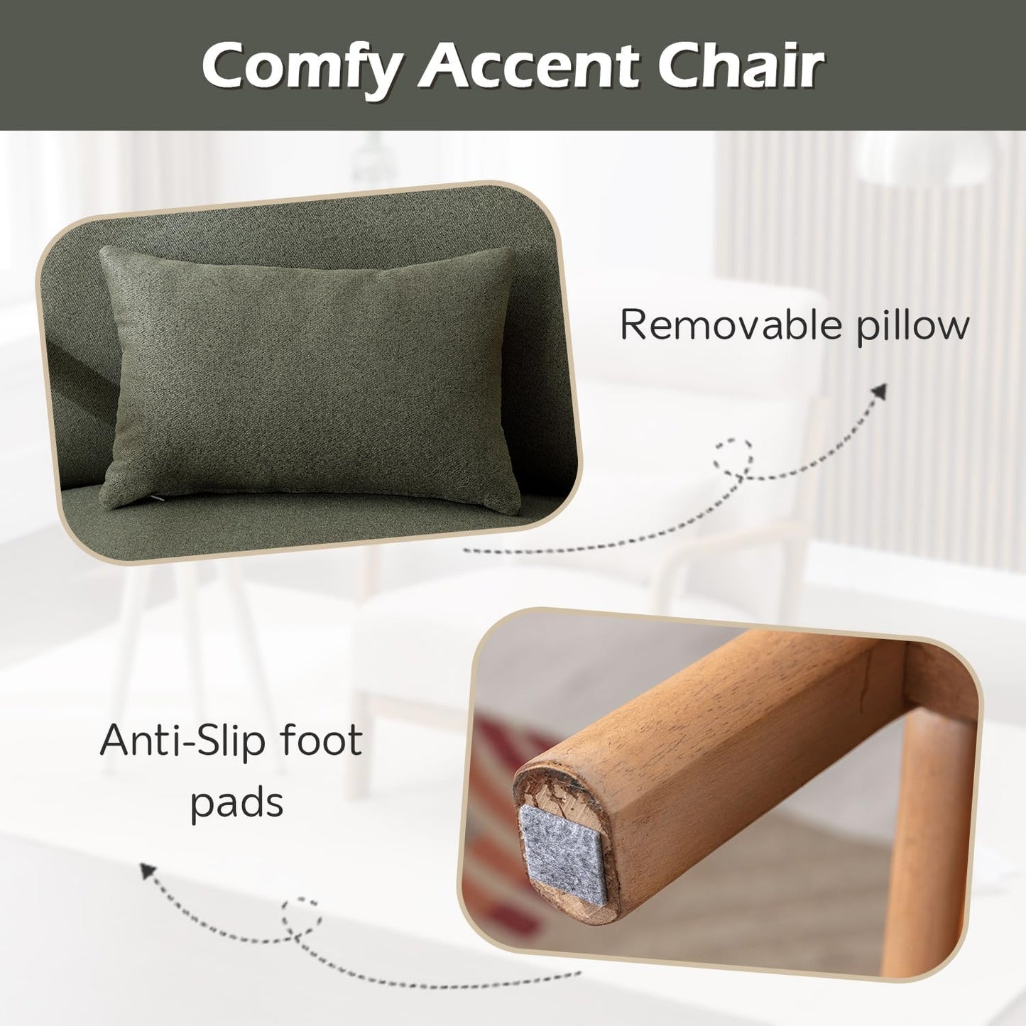 INZOY Mid Century Modern Accent Chair with High Back, Upholstered Living Room Chairs with Waist Cushion, Wood Frame Reading Armchair for Bedroom Sunroom, Green