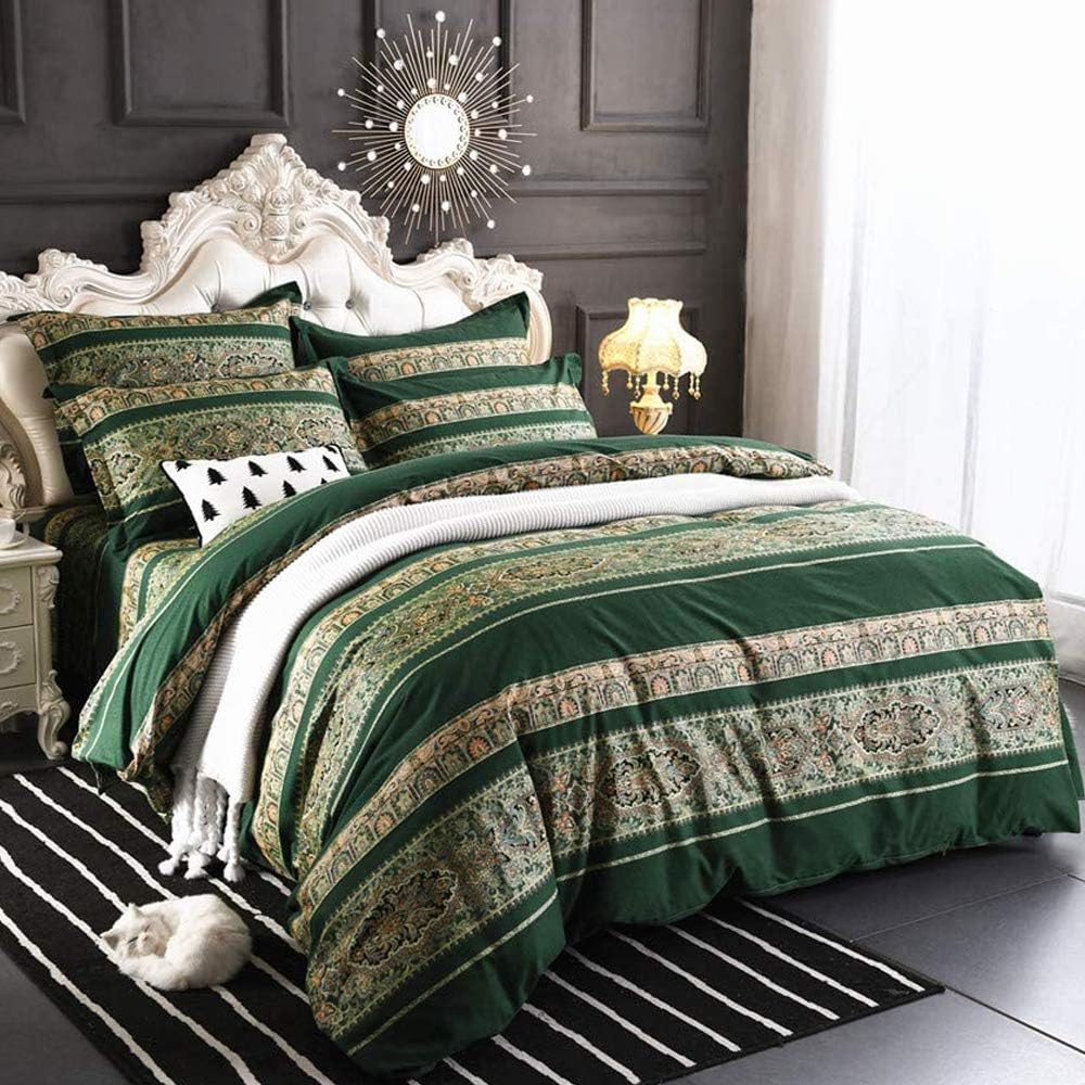 ABREEZE Bohemian Vintage Full Size Floral Cotton Bedding Set 3Pcs Duvet Cover Set Boho Green Paisley 100% Egyptian Brushed Cotton Reversible Home Bedding Collection