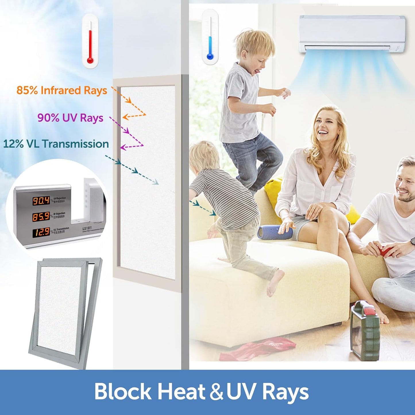 HIDBEA Frosted Window Privacy Film - Non Adhesive Static Cling Glass Stickers Sun UV Blocking Heat Control Door Covering Decals for Home Office, 35.4 x 157.5 Inch