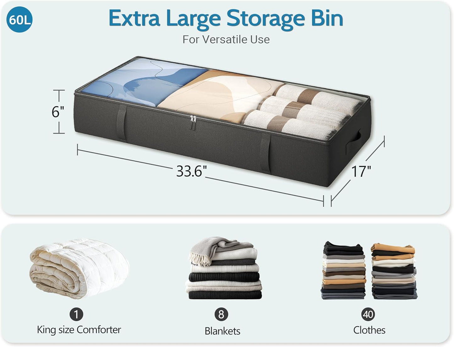 2-Pack Under Bed Storage, 6 Inches Tall Closet Organizers and Storage Bins with Sturdy Sidewalls/Bottom/4 Handles, Black