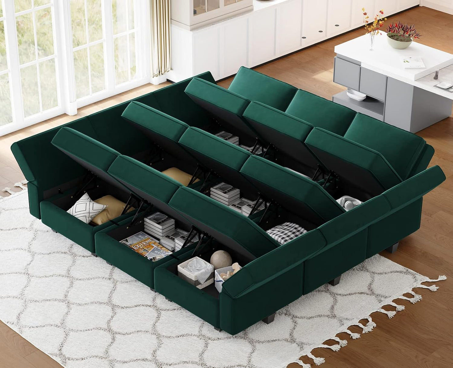 Belffin Modular Sectional Sofa with Ottomans Velvet Reversible Sleeper Sectional Sofa with Chaise Modular Sleeper Sofa Bed with Storage Seat Green