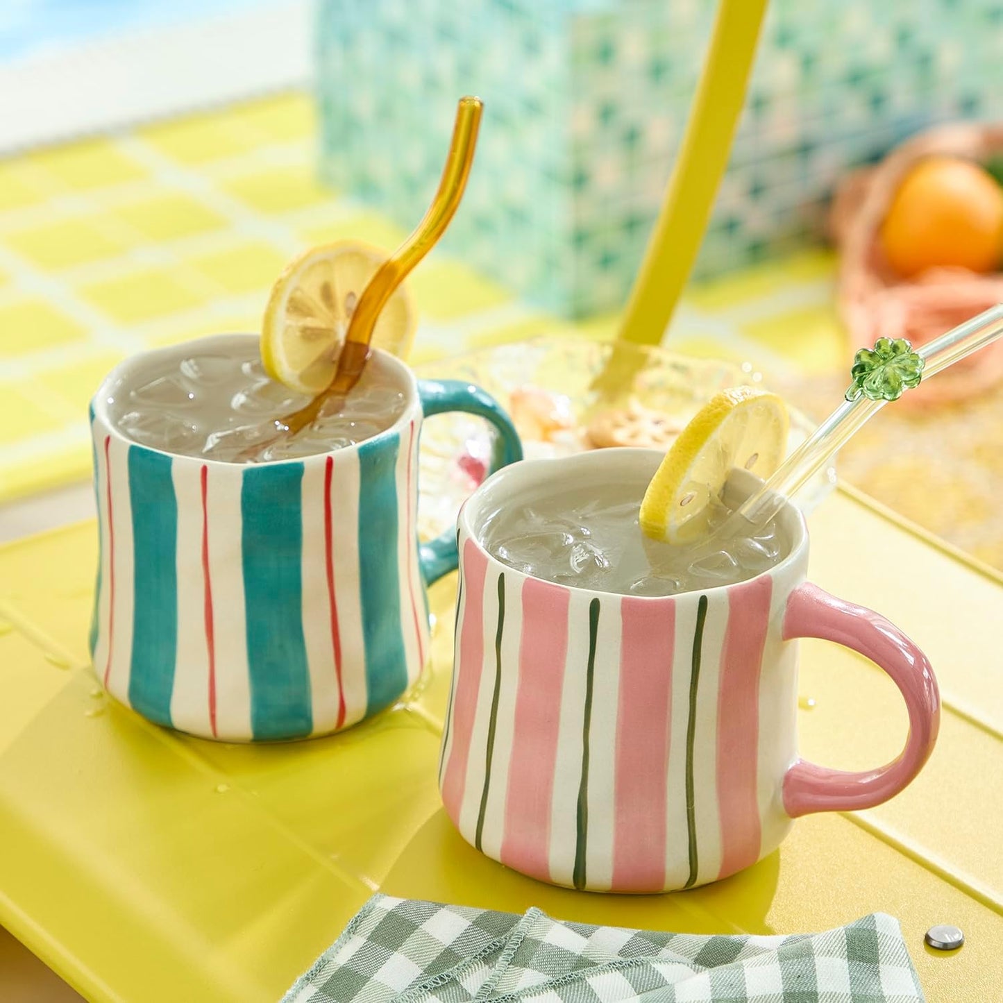 Striped Ceramic Coffee Mugs Set - 2 Pack, Pink & Green，Perfect for Morning Brew or Tea and Cocoa - for Coffee Lovers