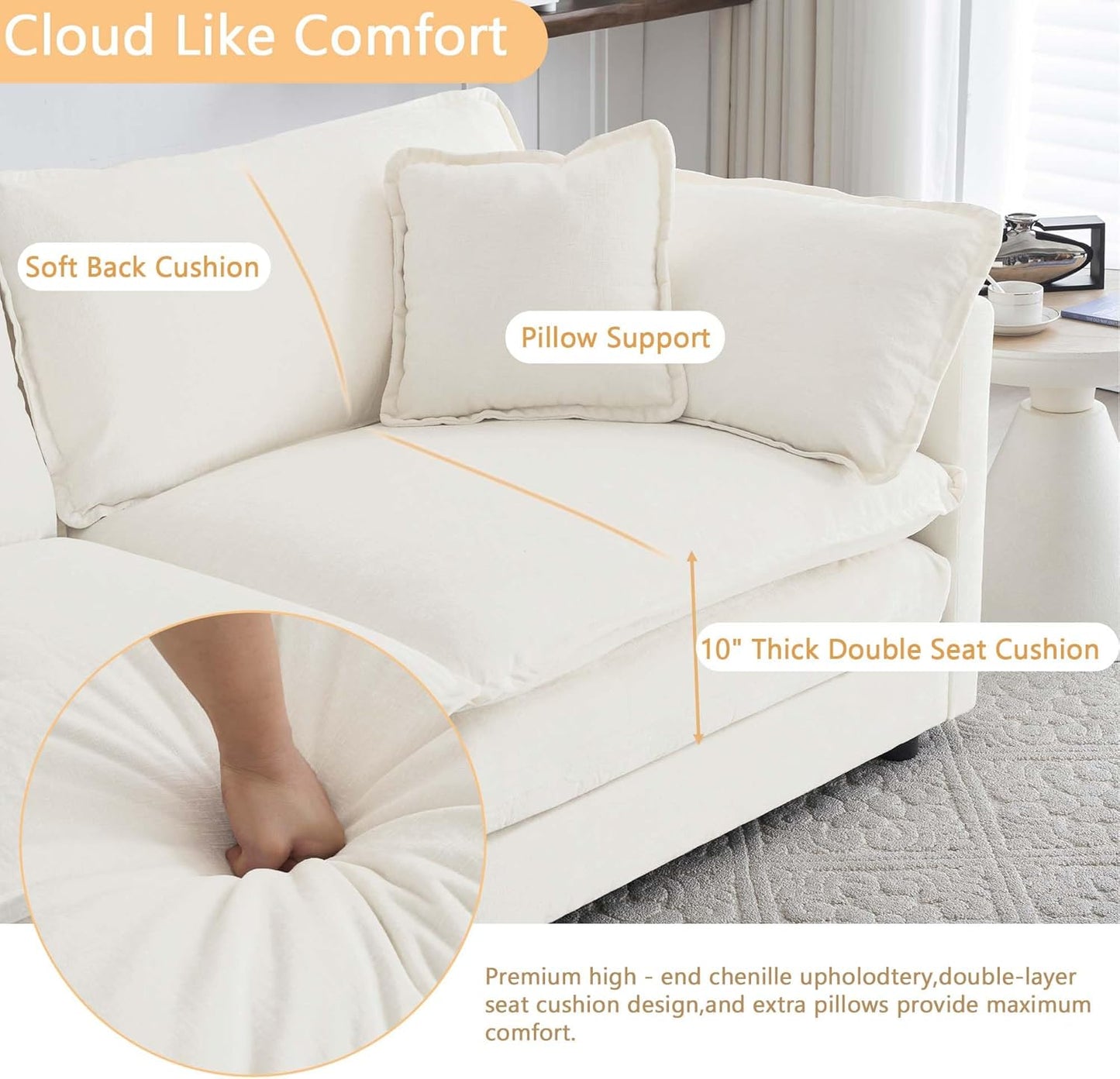 Sectional Sofa 4 Seater with Movable 1 Ottoman,Oversized Modular Couch Deep Seat (Beige, 146.5 inch-L)