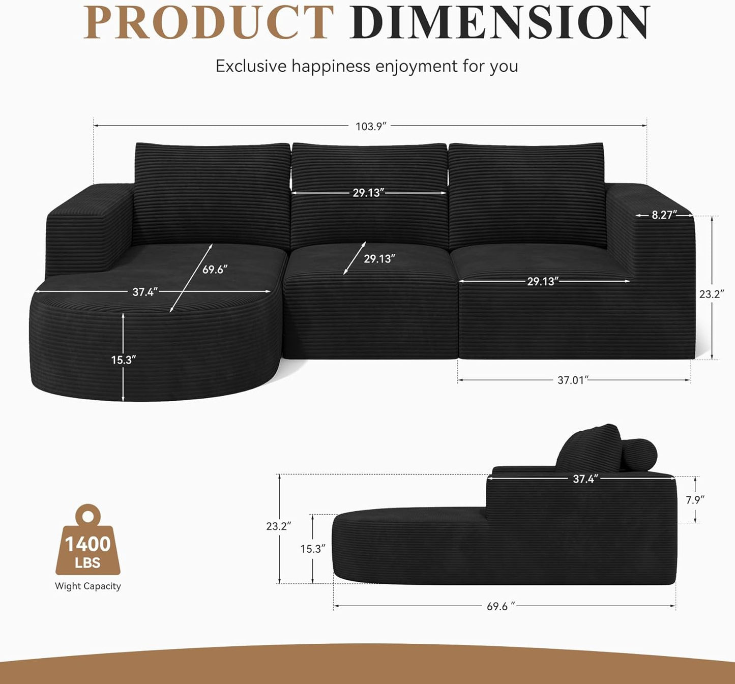 Modular Sectional Sofa with L-Shape Chaise,Cloud Sectional Modern Sleeper Couch with Deep Seat,Sponge Compression Sofas No Assembly Required (Black-Corduroy Fabric) 1pcs