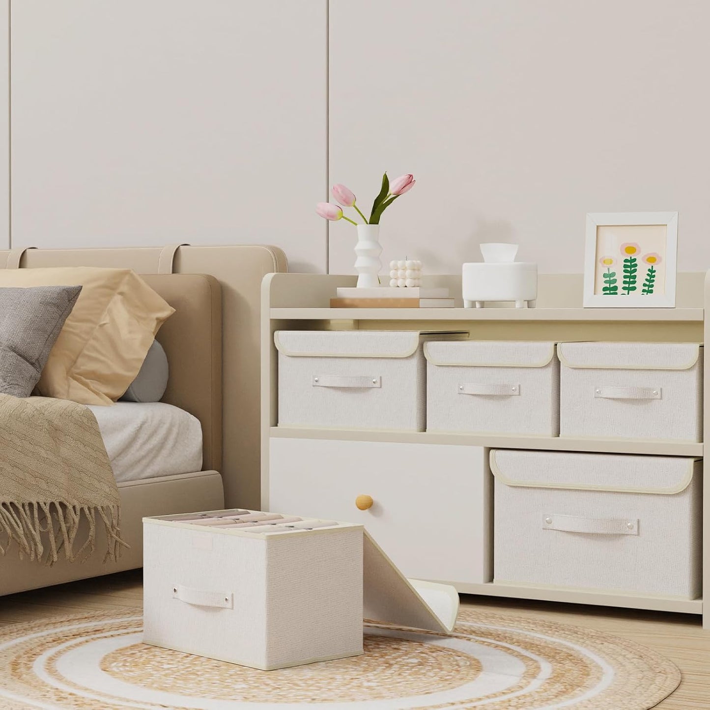 Storage Boxes, Collapsible Storage Bins with Lids, Cotton and linen cloth Storage Baskets with Handle, for Books, Closet, Bedroom, Home, 13x9.1x7.9 in, Beige