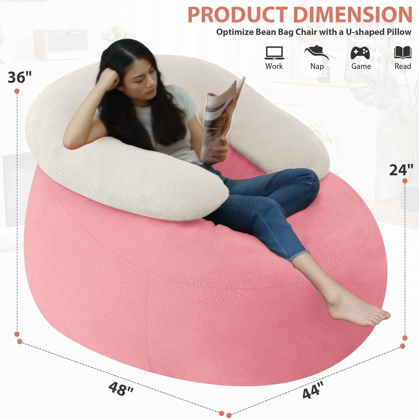 HABUTWAY Bean Bag Chair with U-Shaped Pillow for Adult and Kids Big BeanBag Chair with Filling Ultra Soft Teddy Fleece Couch Chair with Washable Cover for Living Room Bedroom Office, Beige-Light Pink