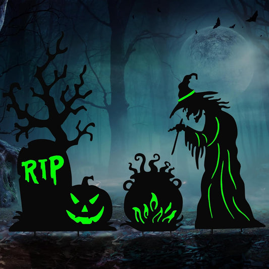 Halloween Yard Signs Outdoor Decorations，3 Pack Warerproof Scary Witch Tombstone Cauldron Fluorescent Metal Stakes Glow in The Dark for Lawn Garden Halloween Decor (Witch Tombstone Cauldron)