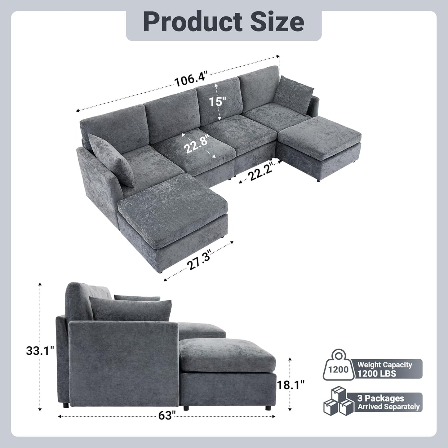 Tbfit U Shaped Couch, Sectional Sofa for Living Room,Chenille Cloud Couch with Ottoman 6 Seat, Grey