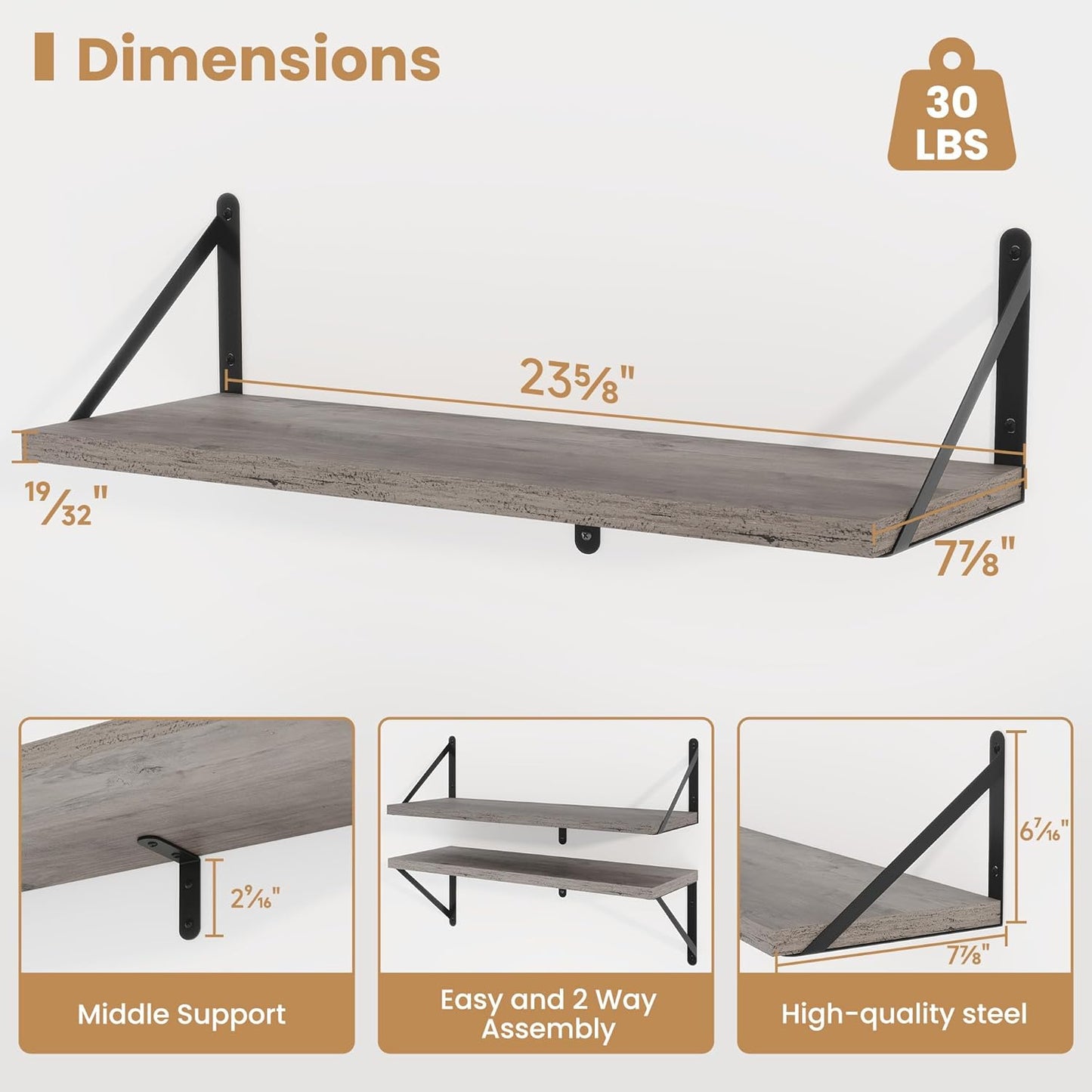 Heimlove Floating Shelves for Wall 24 Inches,8 Inches Deep Wall Bookshelf Mounted Display&Storage Wood Shelves for Kitchen Bathroom Laundry Living Room,Set of 3 (Silver Grey)