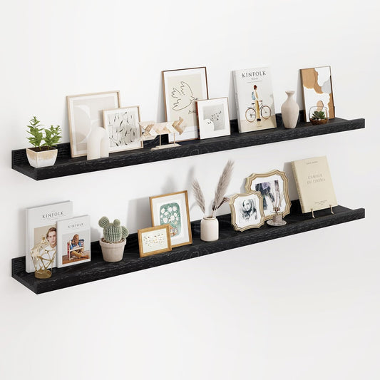 Floating Picture Ledge Shelves 48 Inch Solid Oak Wood Set of 2, Rustic Wall Storage Shelves with Lip, Kids Bookshelf, Photo & Picture Ledge Shelves for Bedroom, Living Room, Kitchen